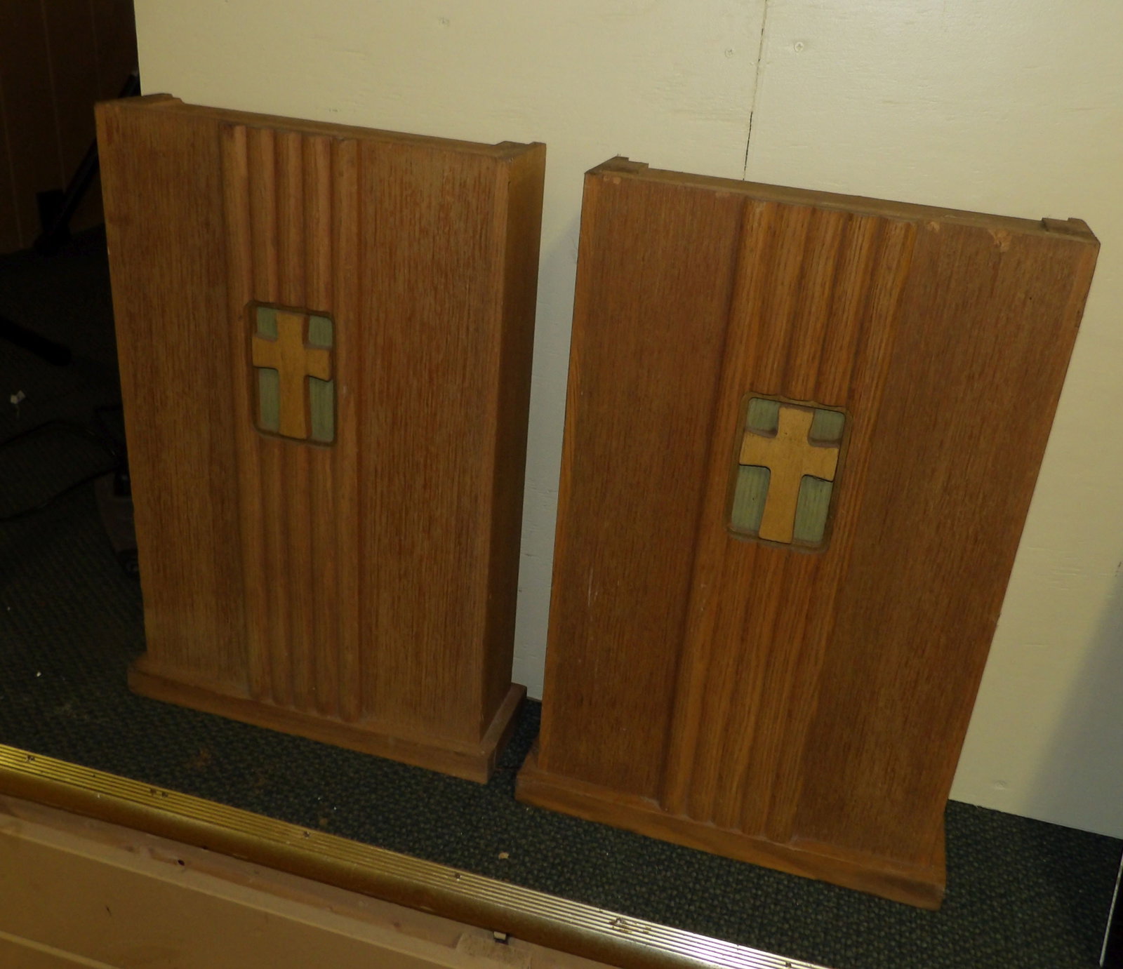 Pair of Oak Prie Dieu or Kneelers: Pair of Oak Prie Dieu or Kneelers with Carved Cross Inset Design. 15" Wide X 24" Tall. All measurements approximate. Please see photos for condition and details. Selling as is from 04281.