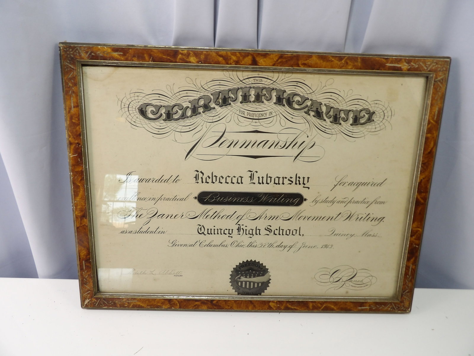 Vintage 1913 Penmanship Certificate: Vintage 1913 Zaner Method of Arm Movement Penmanship Certificate from Quincy High School. 15" X 20". All measurements approximate. Please see photos for condition and details. Selling as is from 04281
