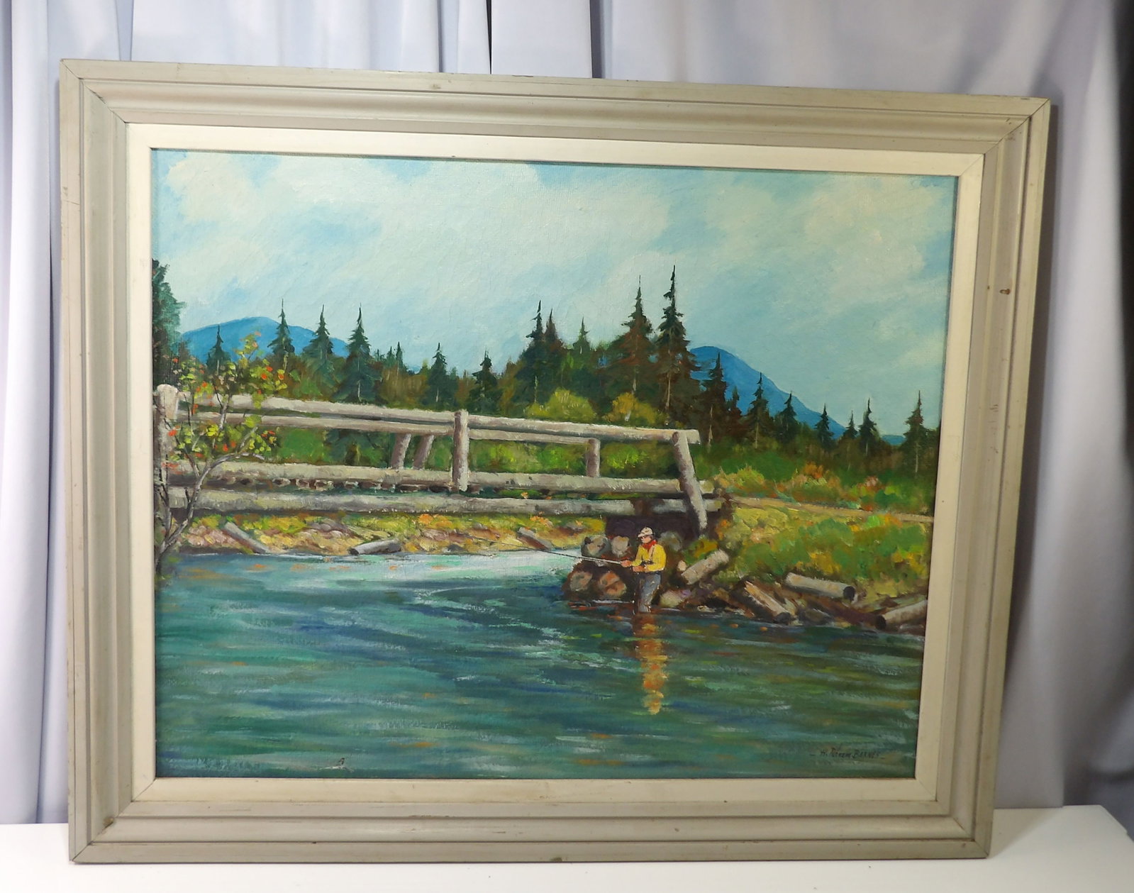 Original Landscape Oil Painting of Fly Fisherman, H. Putnam Barnes: Original Landscape Oil Panting of a Fly Fisherman, Signed by H. Putnam Barnes. 29" X 35". All measurements approximate. Please see photos for condition and details. Selling as is from 04281.