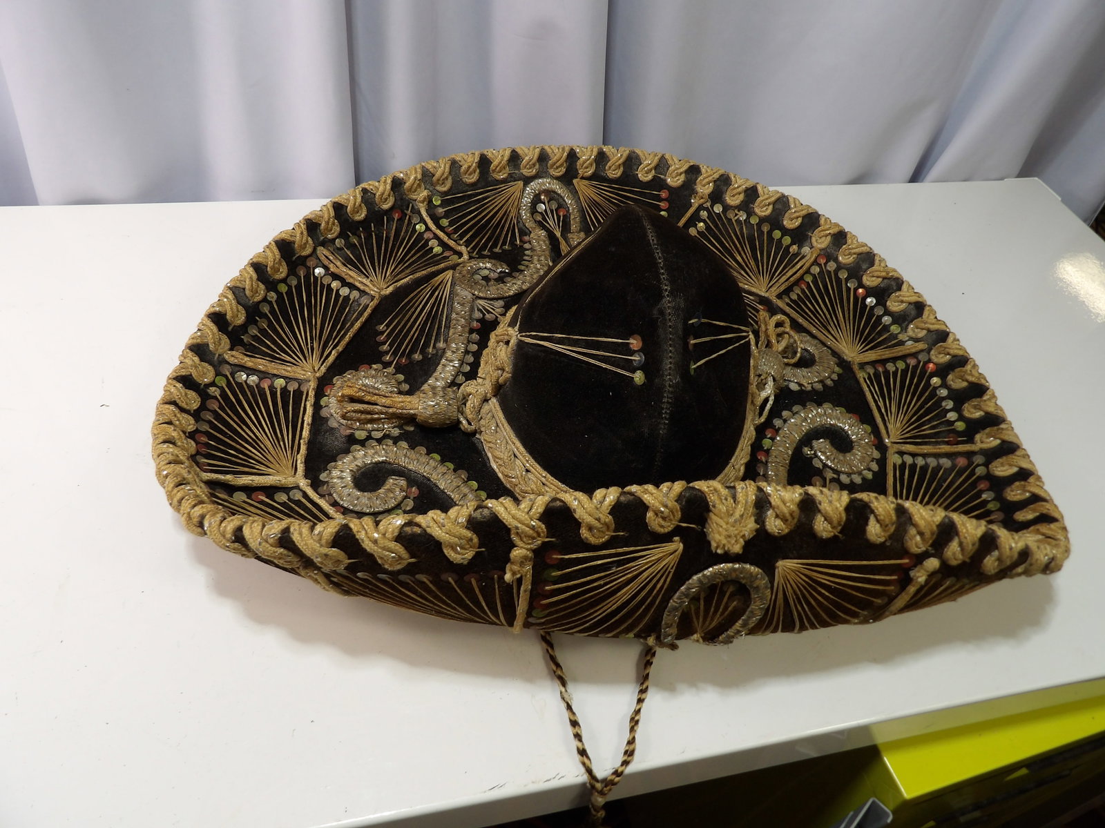 Vintage Black Velvet Sombrero, Salazar Mariachi: Vintage Black Velvet Sombrero Salazar Mariachi Hat with Gold Embroidery. All measurements approximate. Please see photos for condition and details. Selling as is from 04281.