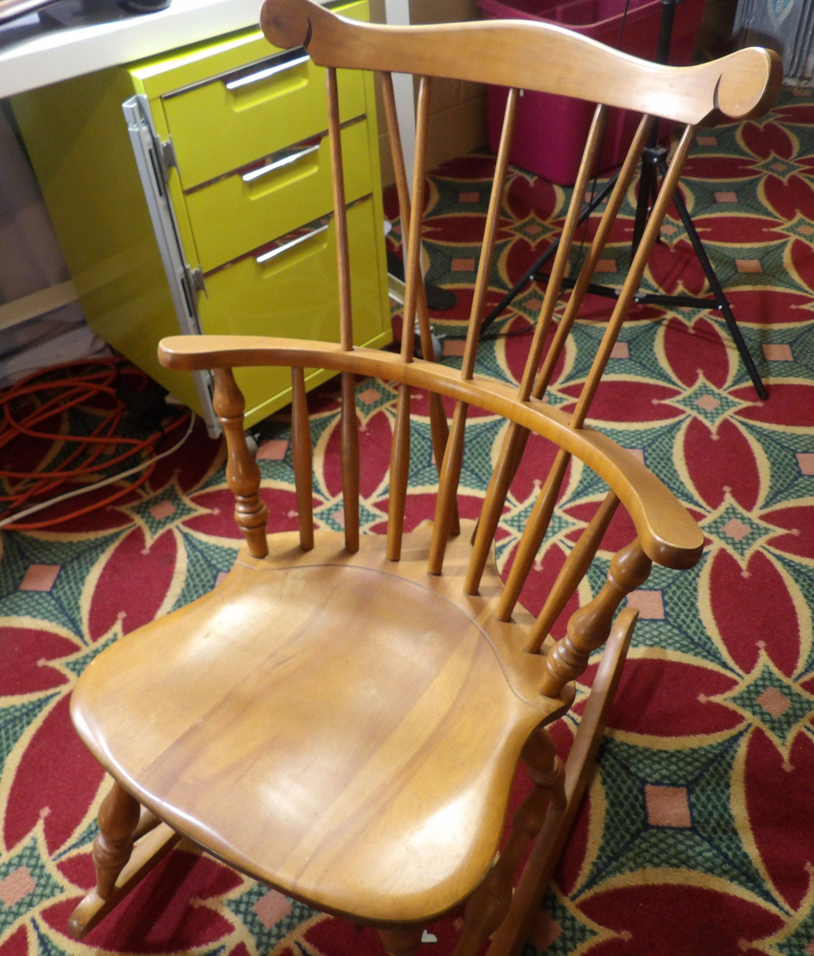 Vintage Colonial Chair: Vintage Maple Colonial Chair. S. Bent & Bros. Spindle Back Rocking Chair with Bow back Design. All measurements approximate. Please see photos for condition and details. Selling as is from 04281.