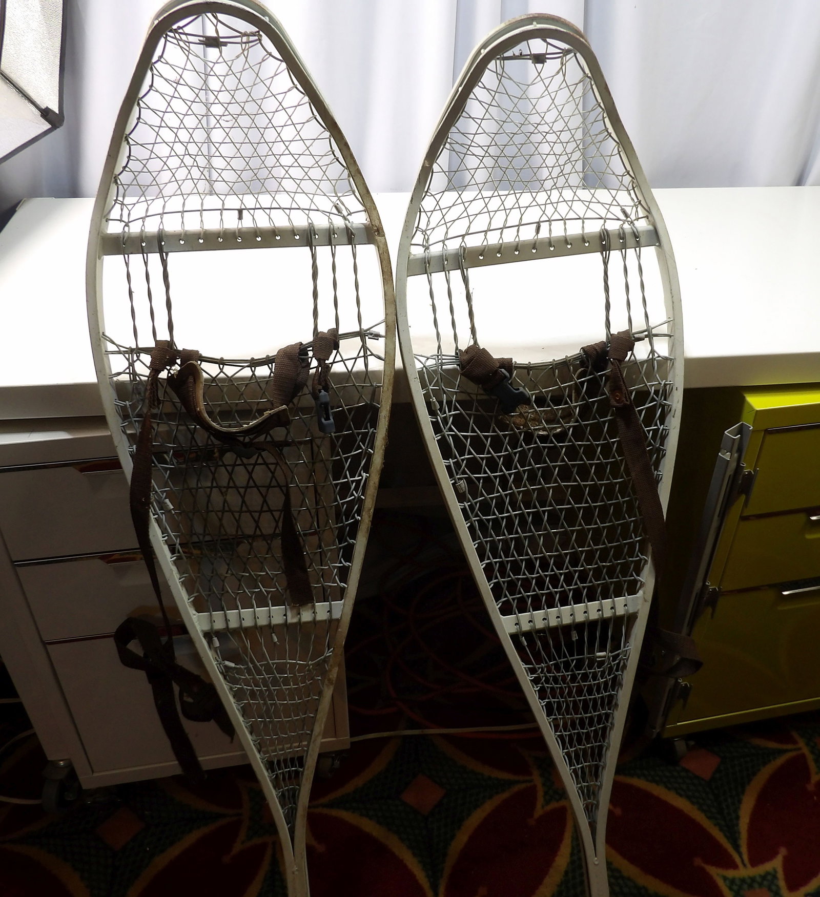 Vintage Military Snowshoes: Vintage Military Snowshoes with Magnesium Frames. 46" X 12". All measurements approximate. Please see photos for condition and details. Selling as is from 04281.