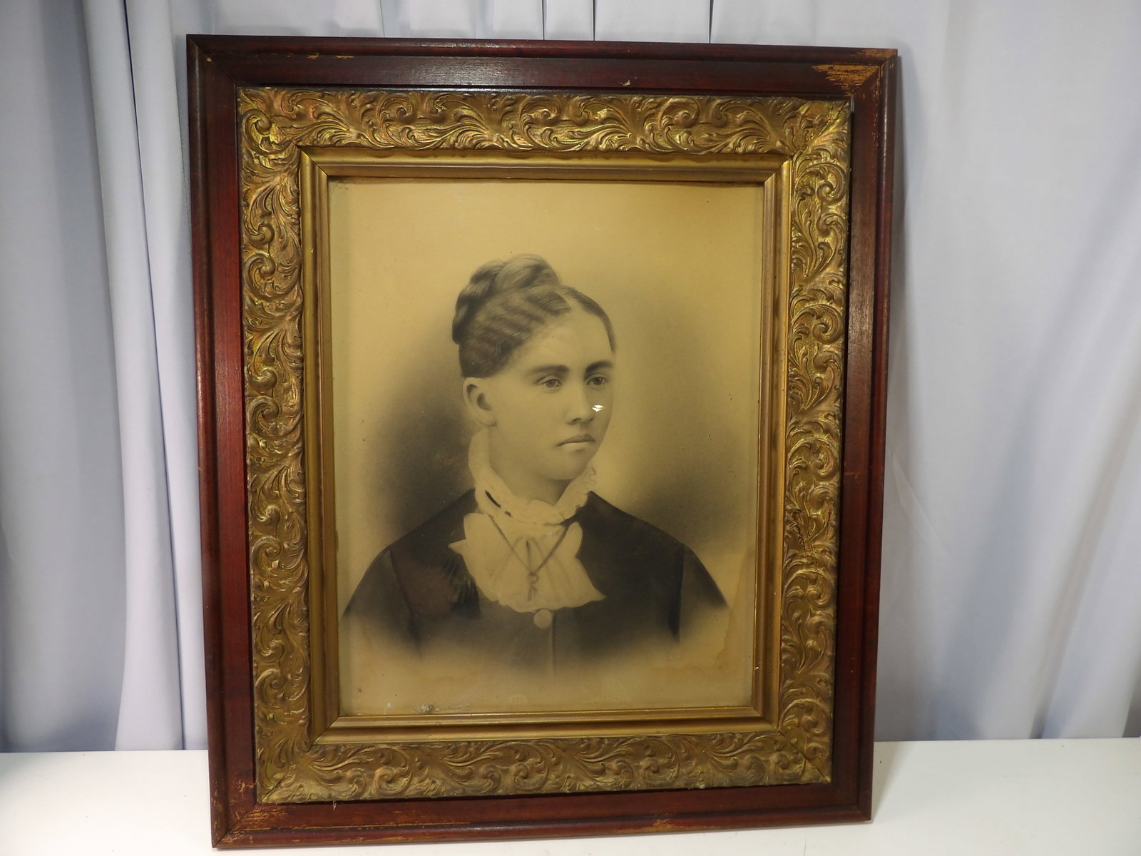 Early Framed Charcoal Portrait, Woman with Braided Hair: Early Framed Charcoal Portrait of A Young Woman with Braided Hair and Ruffled Jabot Collar. Amazing 25" X 30" Oak Frame. Excellent Condition
