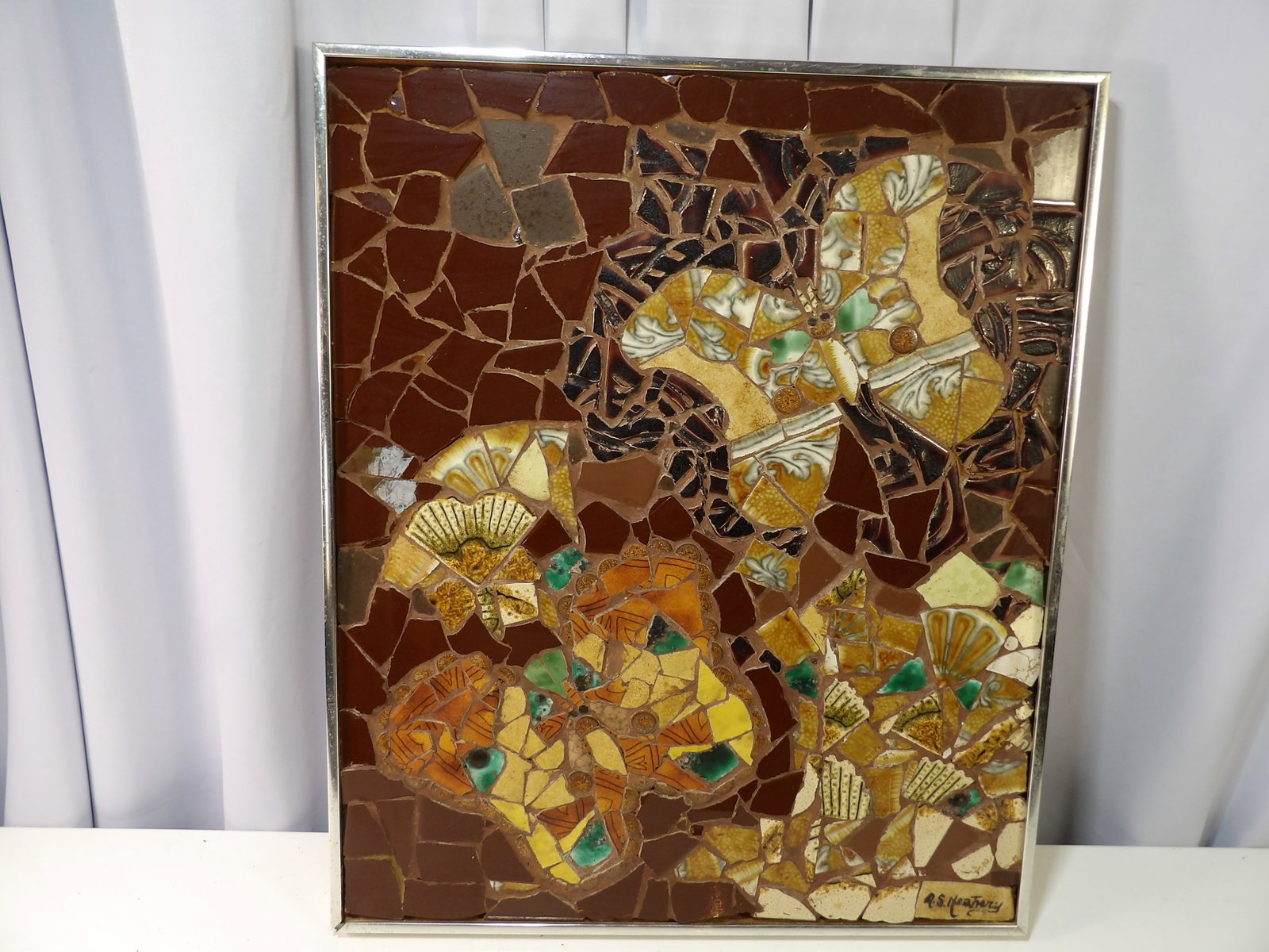 Mid Century Modern Mosaic Art Panel of Butterflies: Mid Century Modern Signed Mosaic Art Panel of Butterflies. 20" X 25". All measurements approximate. Please see photos for condition and details. Selling as is from 04281.