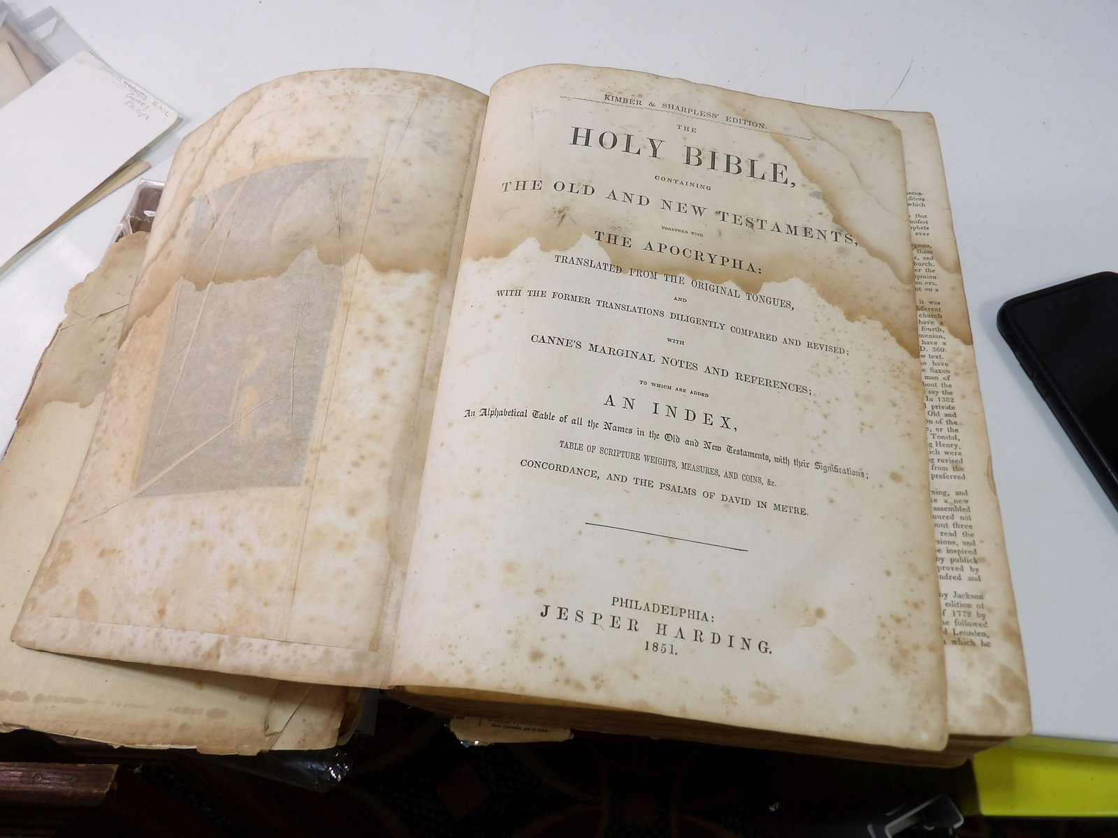 A.M. Nichols, Kimber and Sharpless 1851 Holy Bible with Family Lineage: A.M. Nichols, Kimber and Sharpless Edition Holy Bible, 1851. Has Family Lineage with it. (Cover is loose, Book is intact.) All measurements approximate. Please see photos for condition and details.