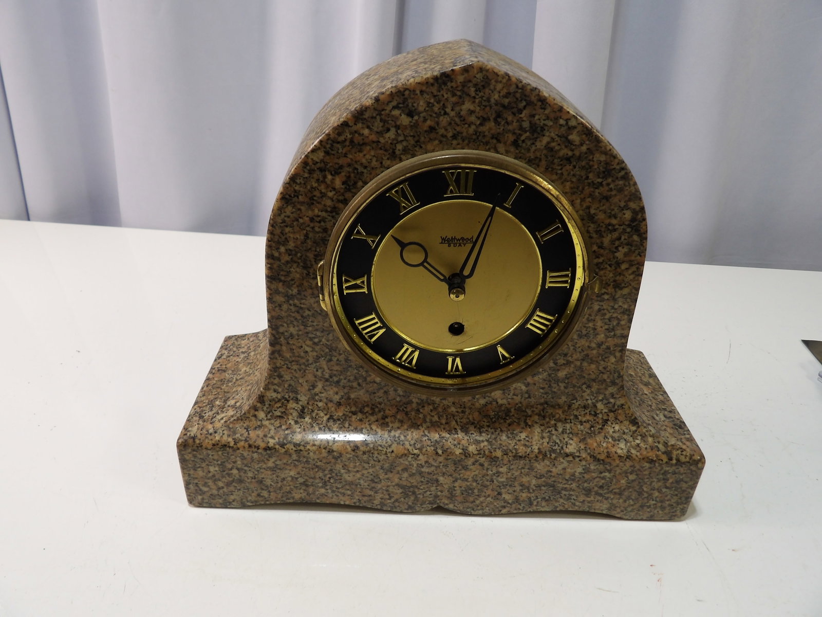 Westwood Quartz Mantel Clock: Westwood Quartz Mantel Clock in Polished Granite Housing. Needs Bezel. All measurements approximate. Please see photos for condition and details. Selling as is from 04281.