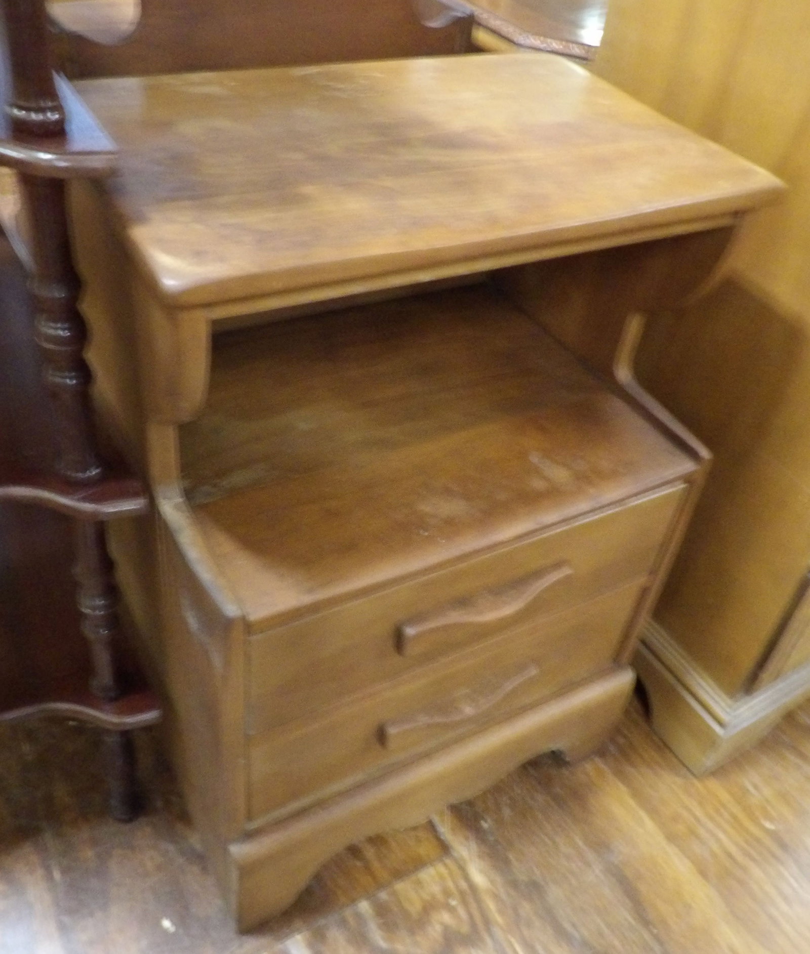 Vintage Heywood Wakefield Style Bedside Table: Vintage Heywood Wakefield Style Two Drawer Bedside Table. All measurements approximate. Please see photos for condition and details. Selling as is from 04281.