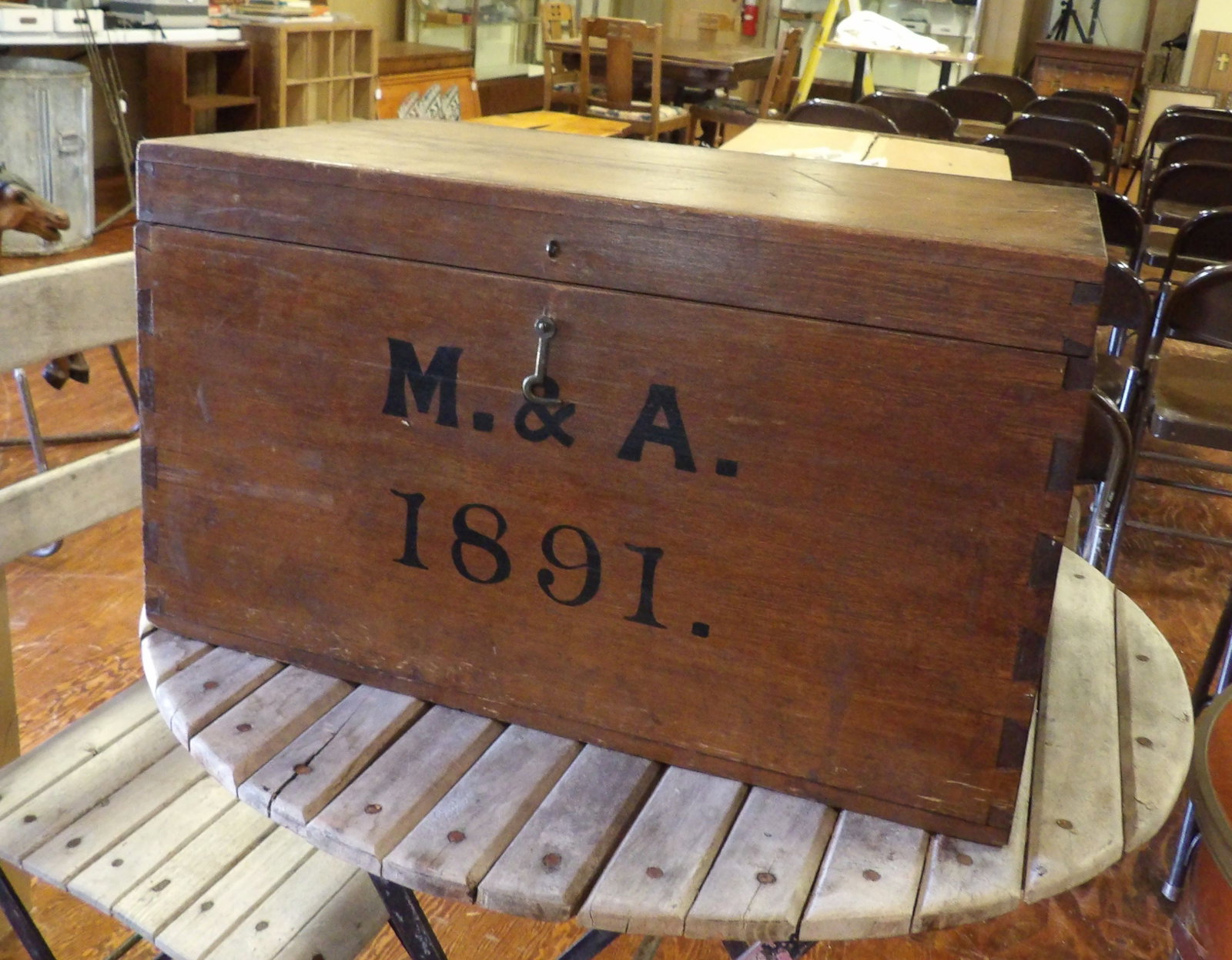 Antique Wooden Trunk, 1891 Inscription: Antique Wooden Trunk with M & A 1891 Inscription. Dovetail Joints. All measurements approximate. Please see photos for condition and details. Selling as is from 04281.