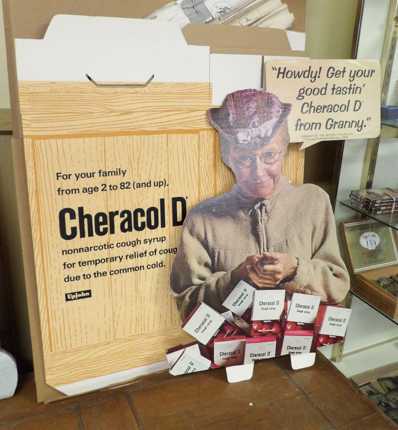 Vintage Cheracol D Cough Syrup Display, Granny from Beverly Hill Billies: Vintage Cheracol D Cough Syrup Display with Irene Ryan "Granny". New in Original Box. Never Set Up. All measurements approximate. Please see photos for condition and details. Selling as is from 04281.