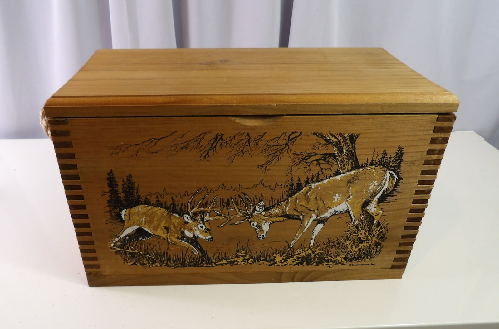 Vintage Ammo Box with Deer Scene: Vintage Wooden Deer Scene Ammo Box. 8" Deep X 16" Long. All measurements approximate. Please see photos for condition and details. Selling as is from 04281.
