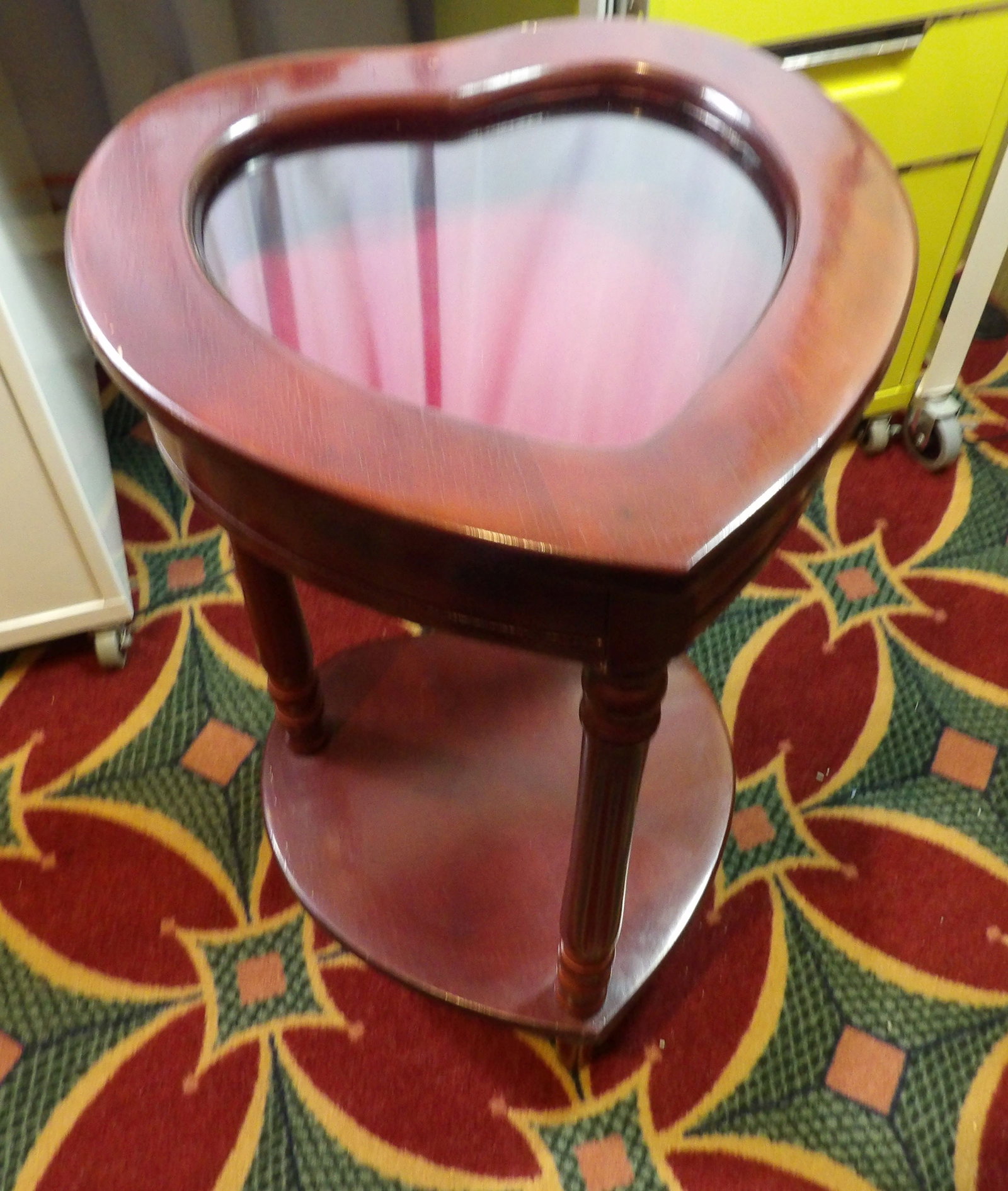 Vintage Heart Shaped Display Table: Vintage Heart Shaped Wooden Display Table with Glass Top and Fabric Lined Interior. 27" Tall X 15" Wide. All measurements approximate. Please see photos for condition and details. Selling as is from