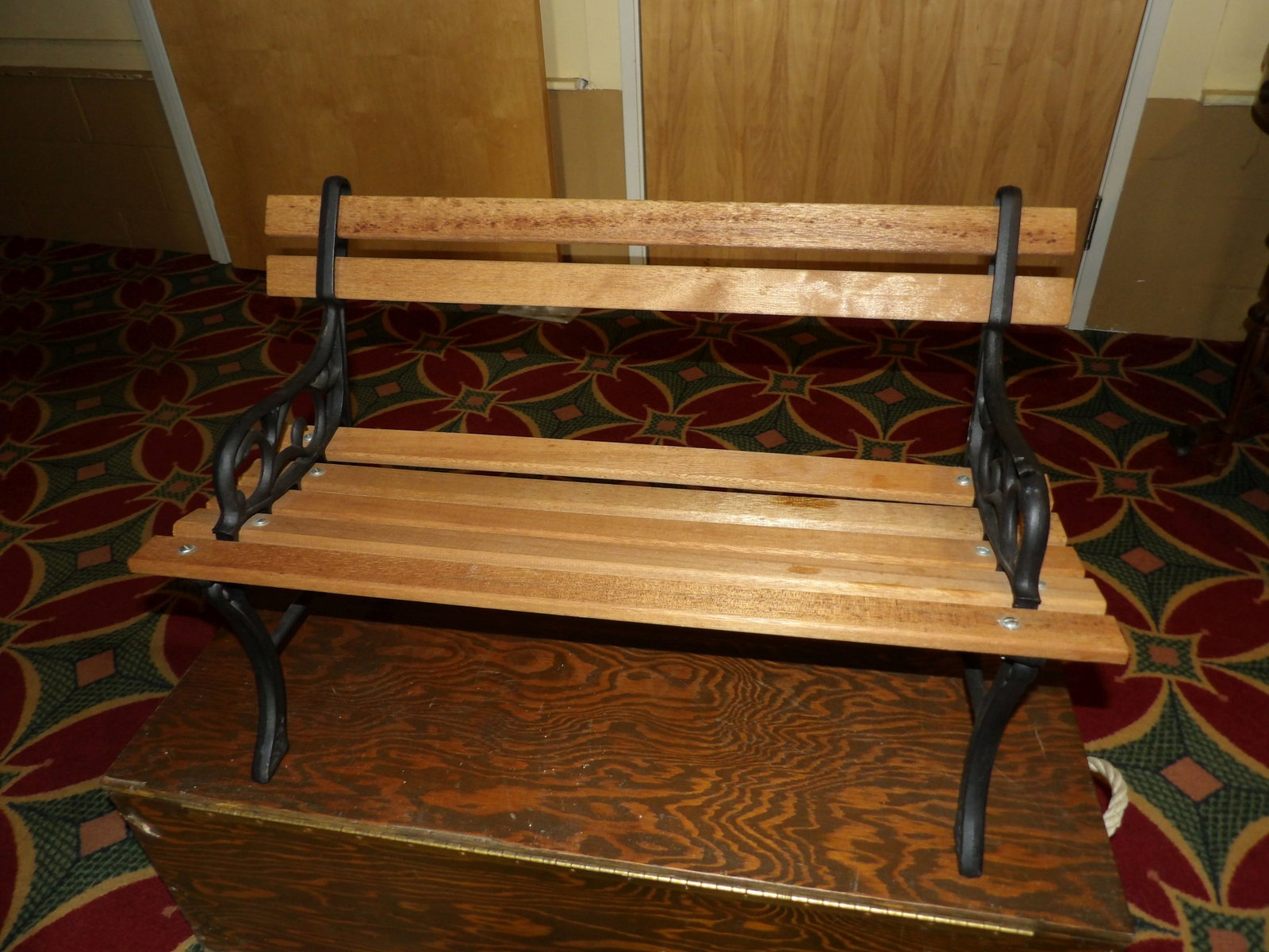 Child Size Cast Iron and Wooden Park Bench: Child Size Cast Iron and Wooden Slat Park Bench. 18" Tall X 30" Wide. All measurements approximate. Please see photos for condition and details. Selling as is from 04281.