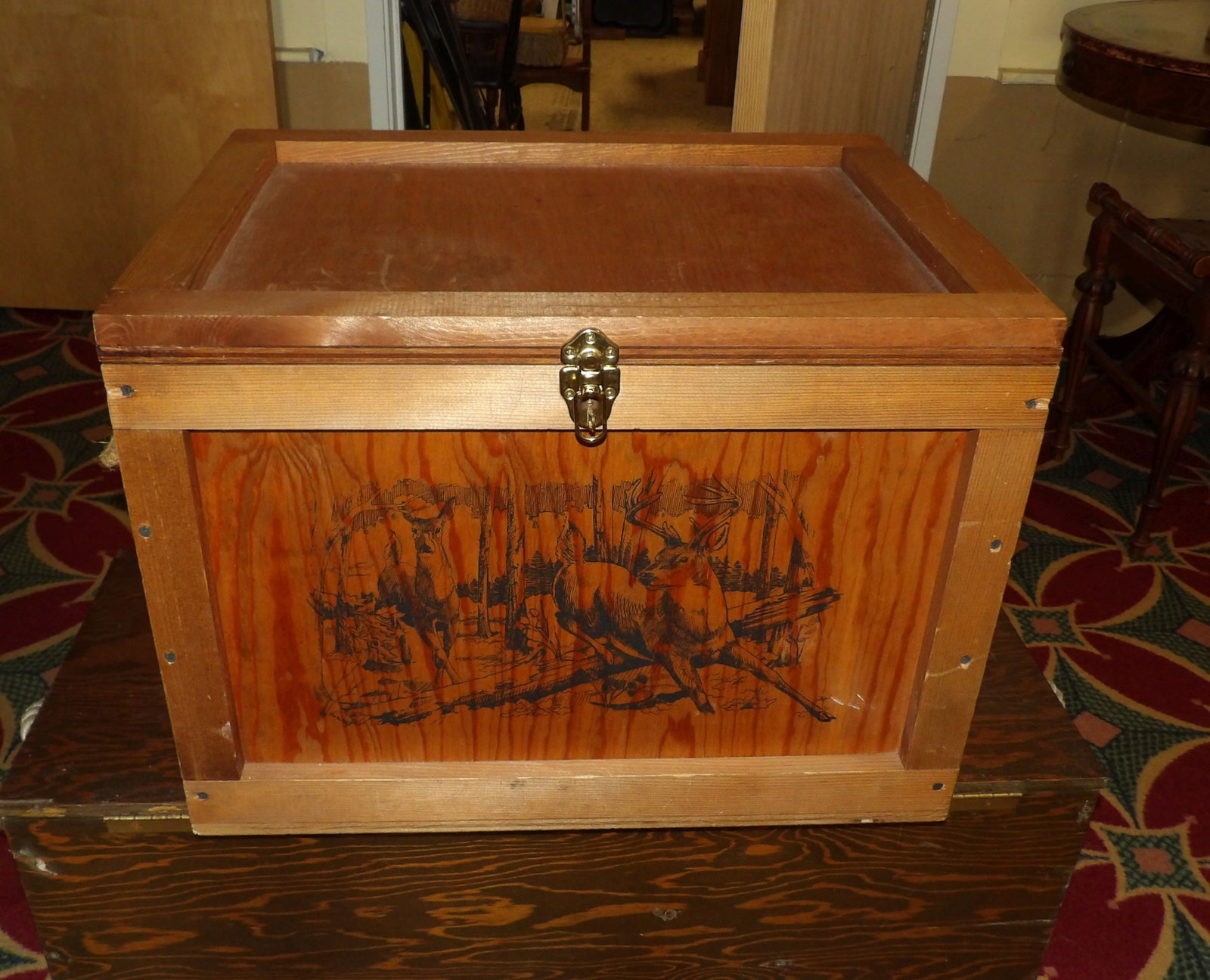 Wooden Keepsake Box with Forest Scene: Vintage Wooden Keepsake Box with Forest and Wildlife Scene "The Classic by Evens". 18" Deep X 24" Wide X 17" Tall. All measurements approximate. Please see photos for condition and details. Selling