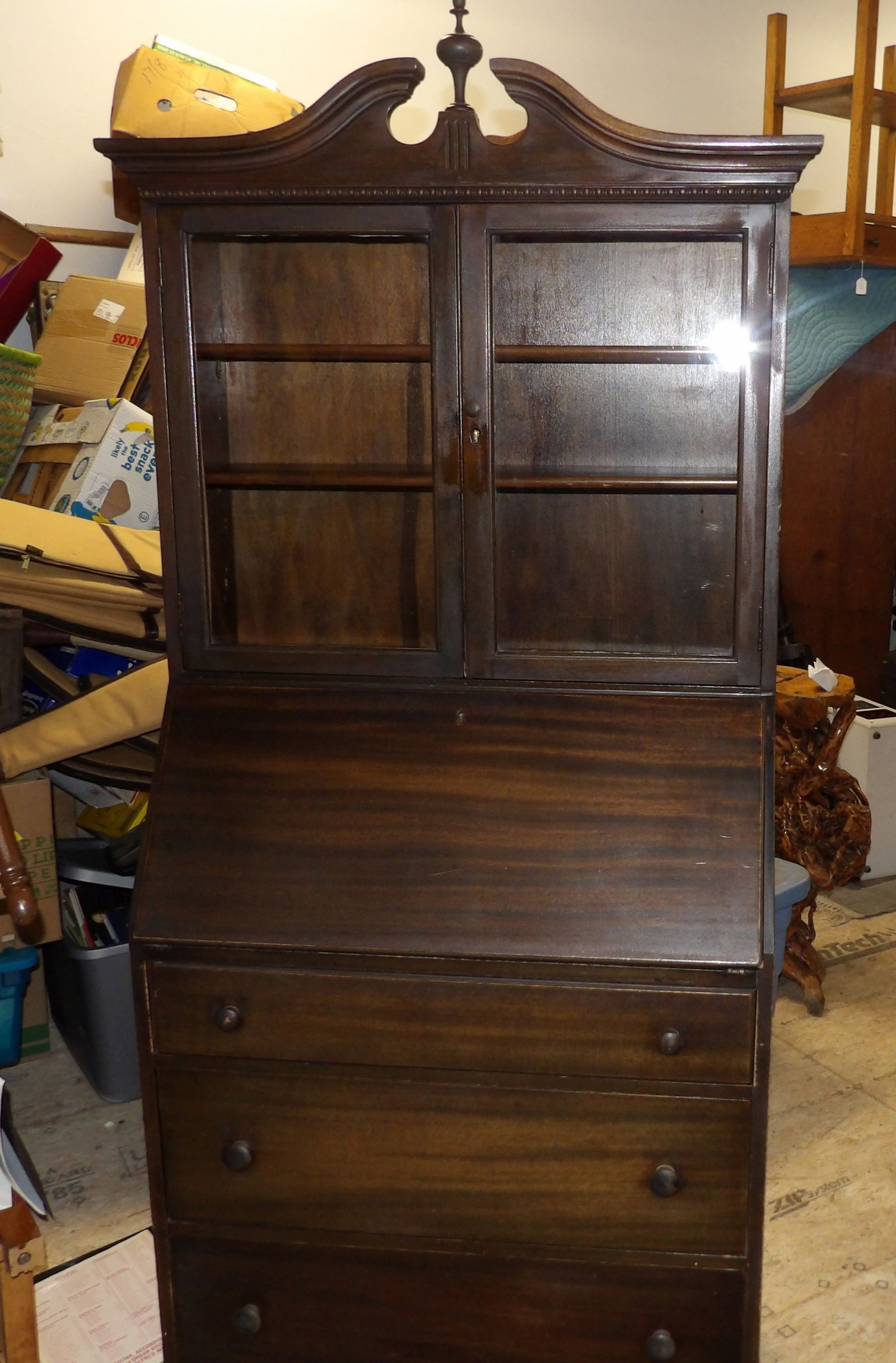 Secretary Desk with Bookcase and Drawers: Antique Secretary Desk with Glass Front Bookcase Top and Drawers. All measurements approximate. Please see photos for condition and details. Selling as is from 04281.