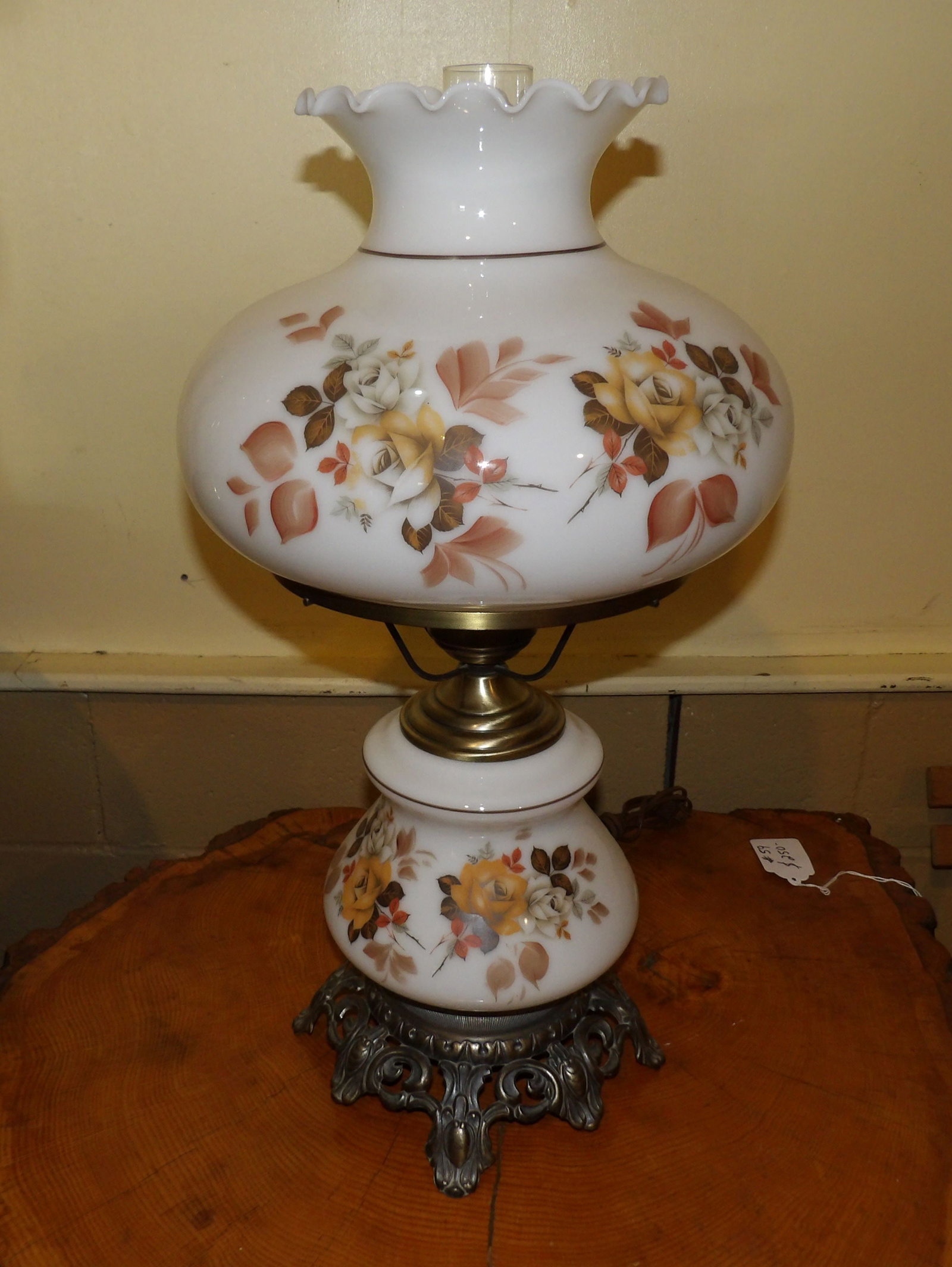 White Milk Glass Hurricane Lamp: Vintage Hurricane Lamp with White Milk Glass and Painted Floral Design. All measurements approximate. Please see photos for condition and details. Selling as is from 04281.