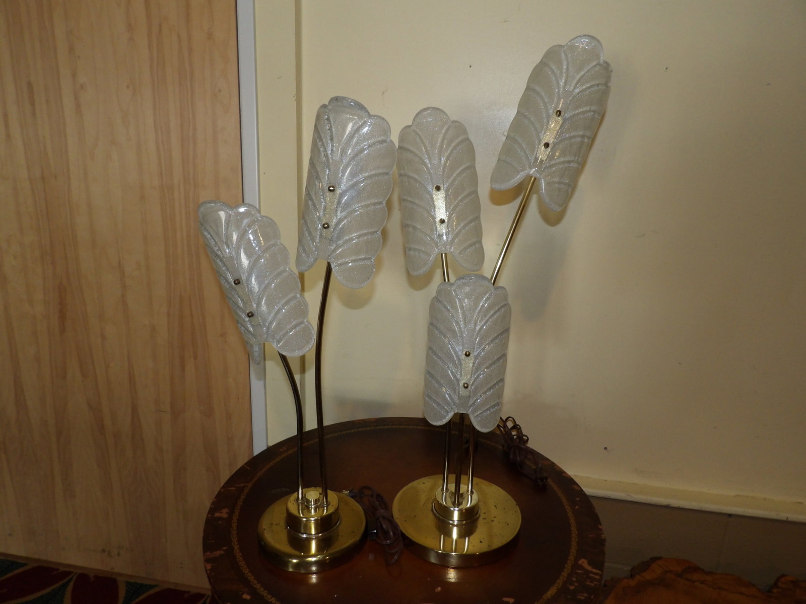 Pair of Carl Fagerlund Orrefors Table Lamps: Pair of Carl Fagerlund Orrefors Table Lamps with Art Glass Leaves, (Comes with Extra Leaf). All measurements approximate. Please see photos for condition and details. Selling as is from 04281.