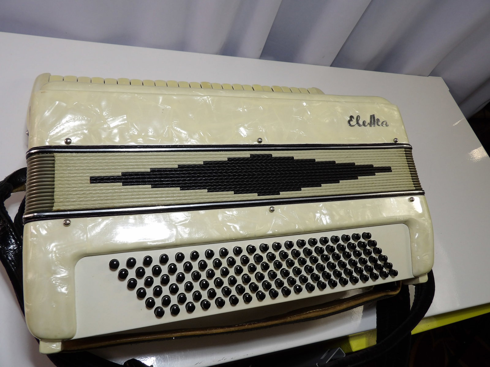 Elettra Accordion: Elettra Accordion with Mother of Pearl Finish. In working Condition. No Damage Seen. In Hard Leather Case. All measurements approximate. Please see photos for condition and details. Selling as is
