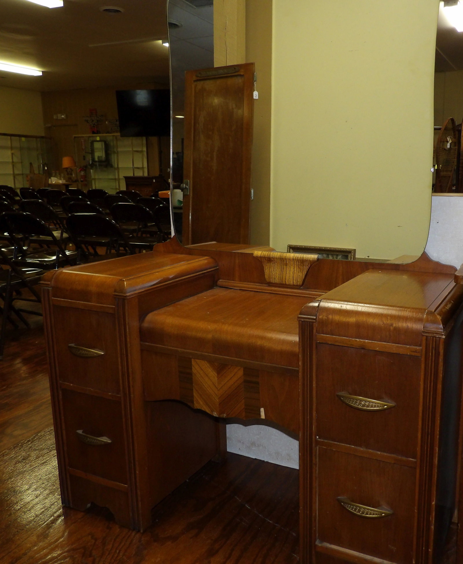 Art Deco Vanity Desk with Mirror: Vintage Art Deco Waterfall Vanity Desk with Mirror. 43" Wide. All measurements approximate. Please see photos for condition and details. Selling as is from 04281.