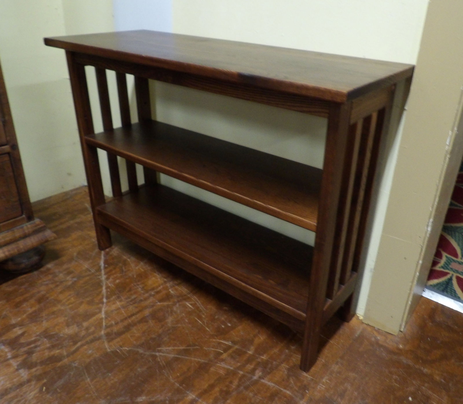 Slot Side Console Table with 2 Shelves: Nice Slot Side Console Table with 2 Shelves. All measurements approximate. Please see photos for condition and details. Selling as is from 04281.