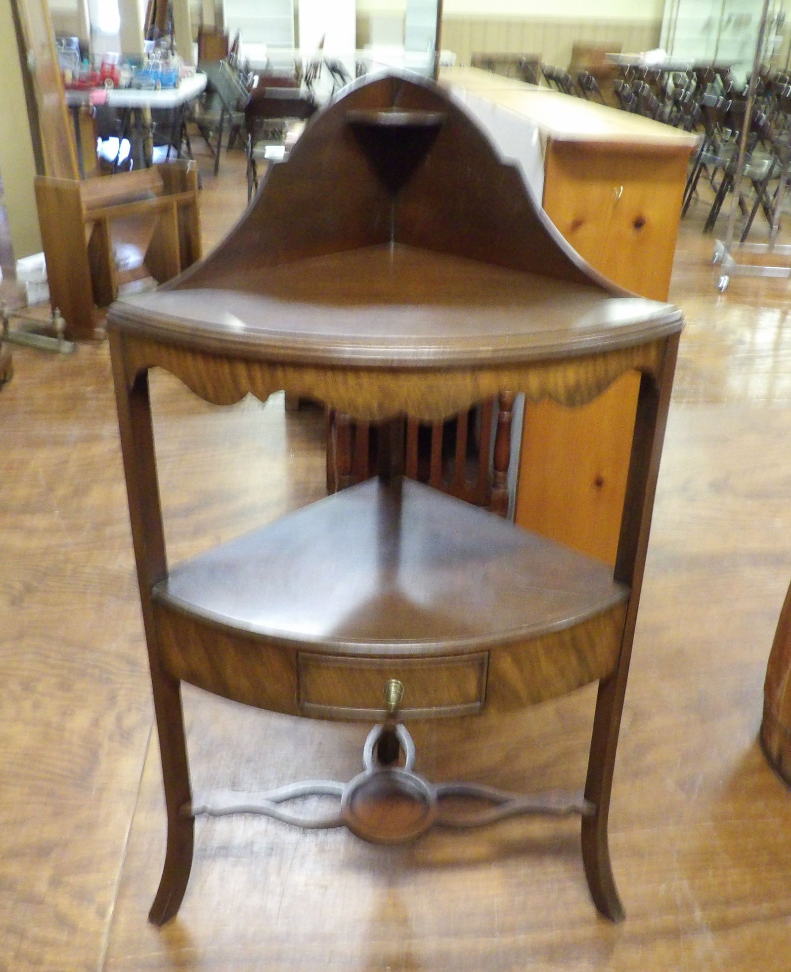 Antique George III Mahogany Bow Fronted Corner Table: Antique George III Mahogany Bow Fronted Corner Table. Very Nice Condition. All measurements approximate. Please see photos for condition and details. Selling as is from 04281.