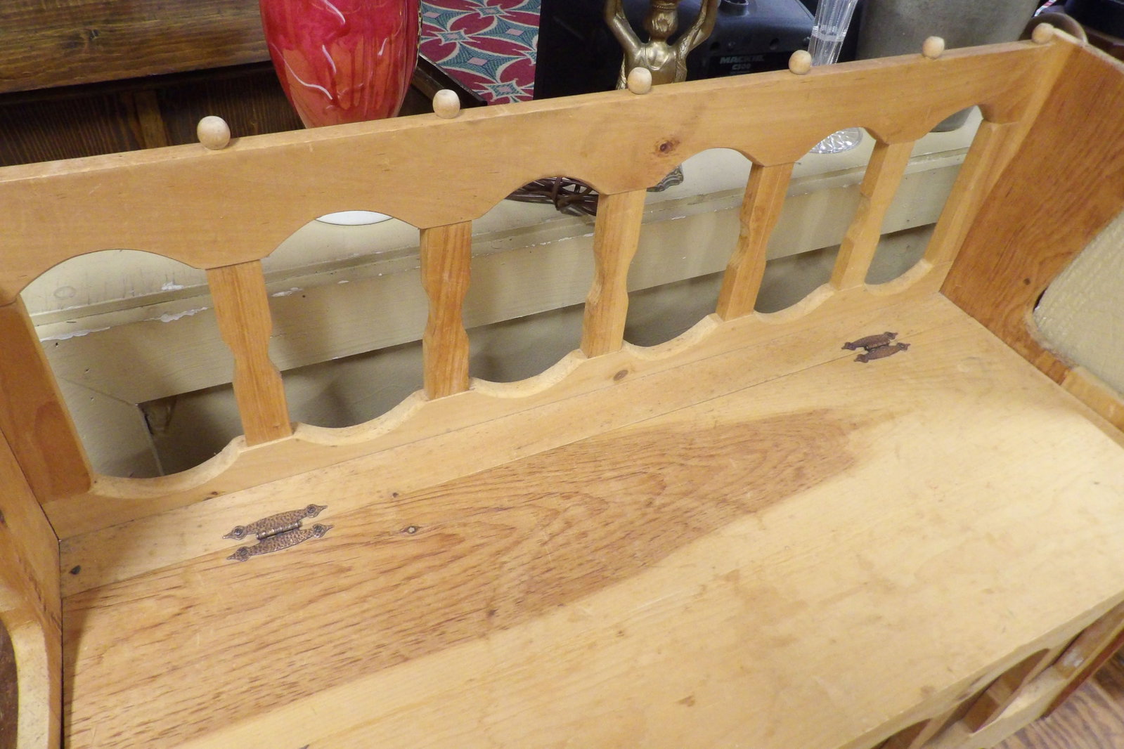 Vintage Slat Back Storage Bench: Vintage Slat Back Storage Bench with Natural Wood Finish. All measurements approximate. Please see photos for condition and details. Selling as is from 04281.