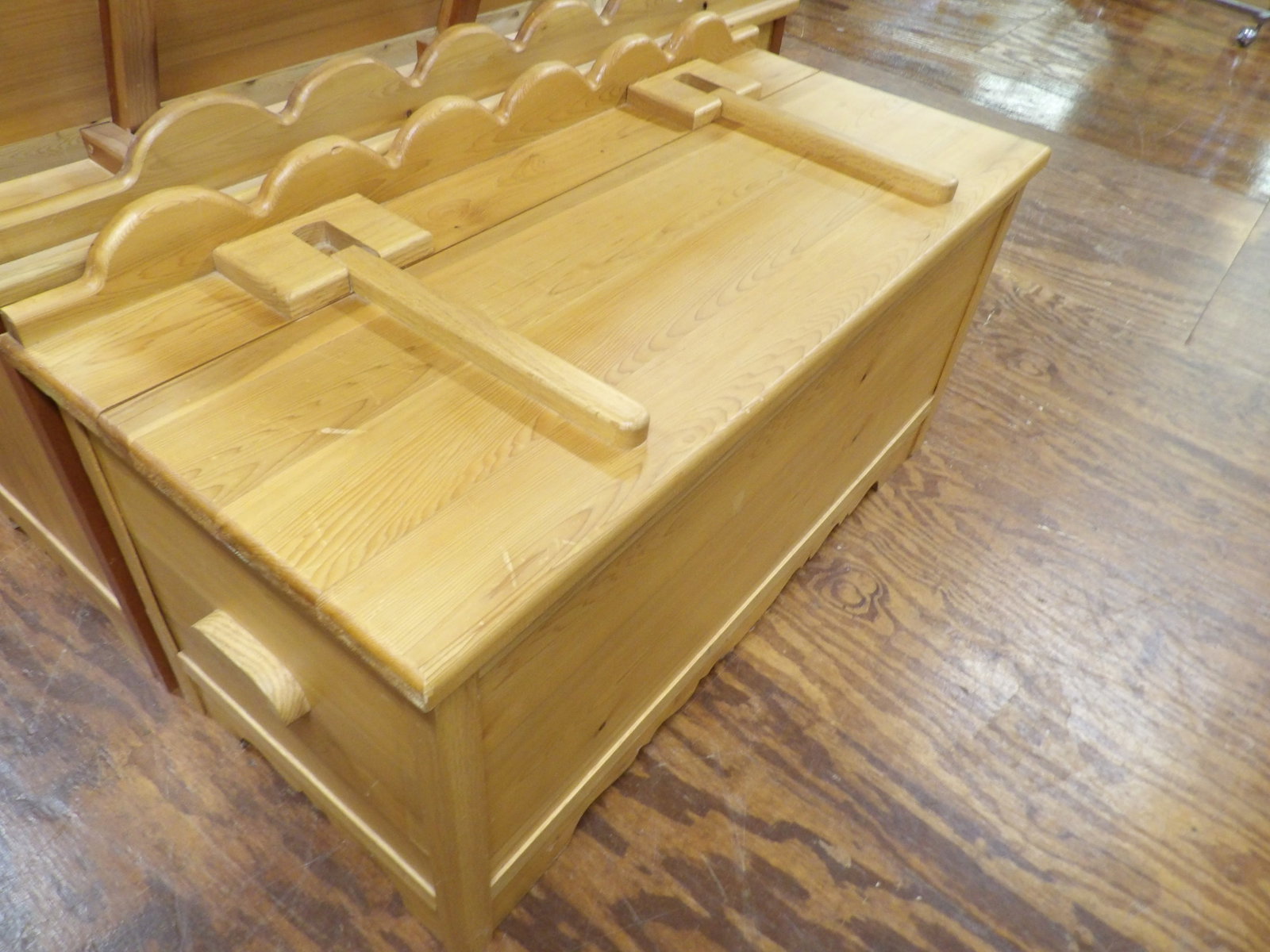 Pine Toy Chest/Blanket Box with Back Rest, 38": Vintage Pine Toy Chest or Blanket Box with Scalloped Back Rest. 38" Wide. All measurements approximate. Please see photos for condition and details. Selling as is from 04281.
