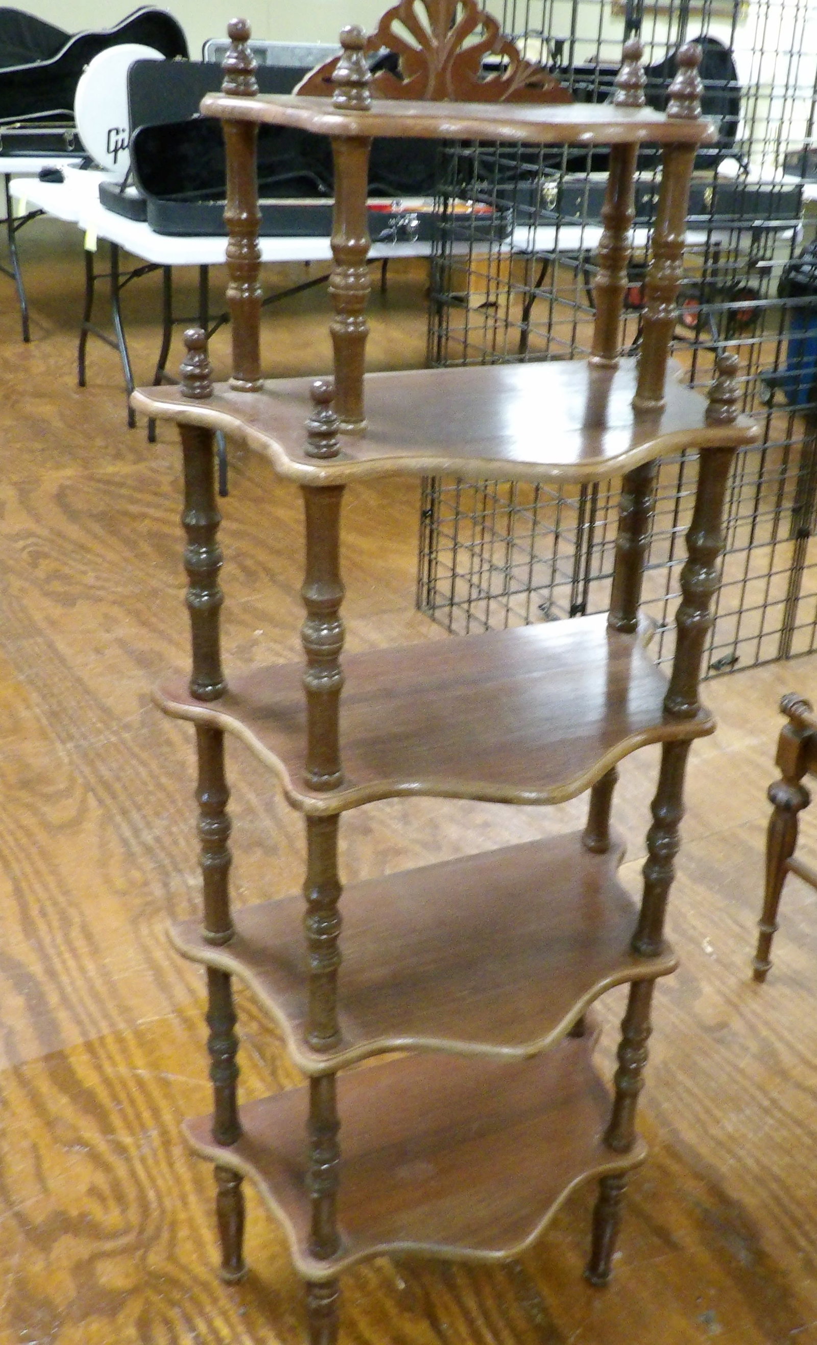 Victorian Style 5 Tier Etagere Display Shelf: Victorian Style 5 Tier Carved Wood Etagere Display Shelf with Ornate Top. All measurements approximate. Please see photos for condition and details. Selling as is from 04281.