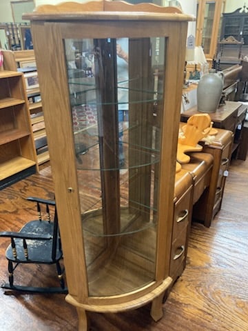 Oak Corner Curio Display Cabinet with Glass Shelves: Oak Corner Curio Display Cabinet with Glass Shelves. 60" Tall X 22"Wide. All measurements approximate. Please see photos for condition and details. Selling as is from 04281.