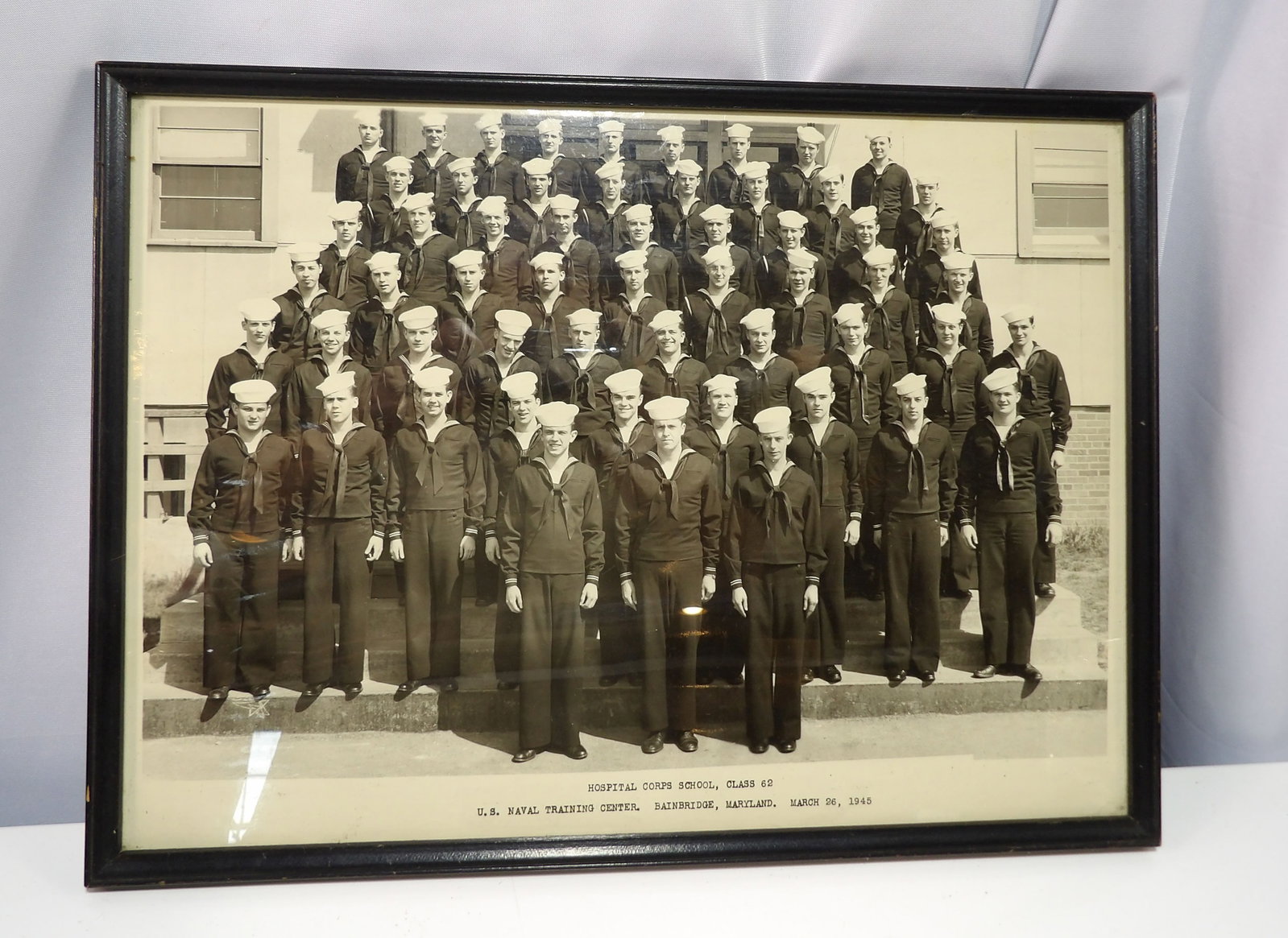 1945 WWII U.S. Navy Hospital Corps Group Photo: Vintage WWII U.S. Navy Hospital Corps #62, 11x15 Military Class Group Photo, Bainbridge 1945.