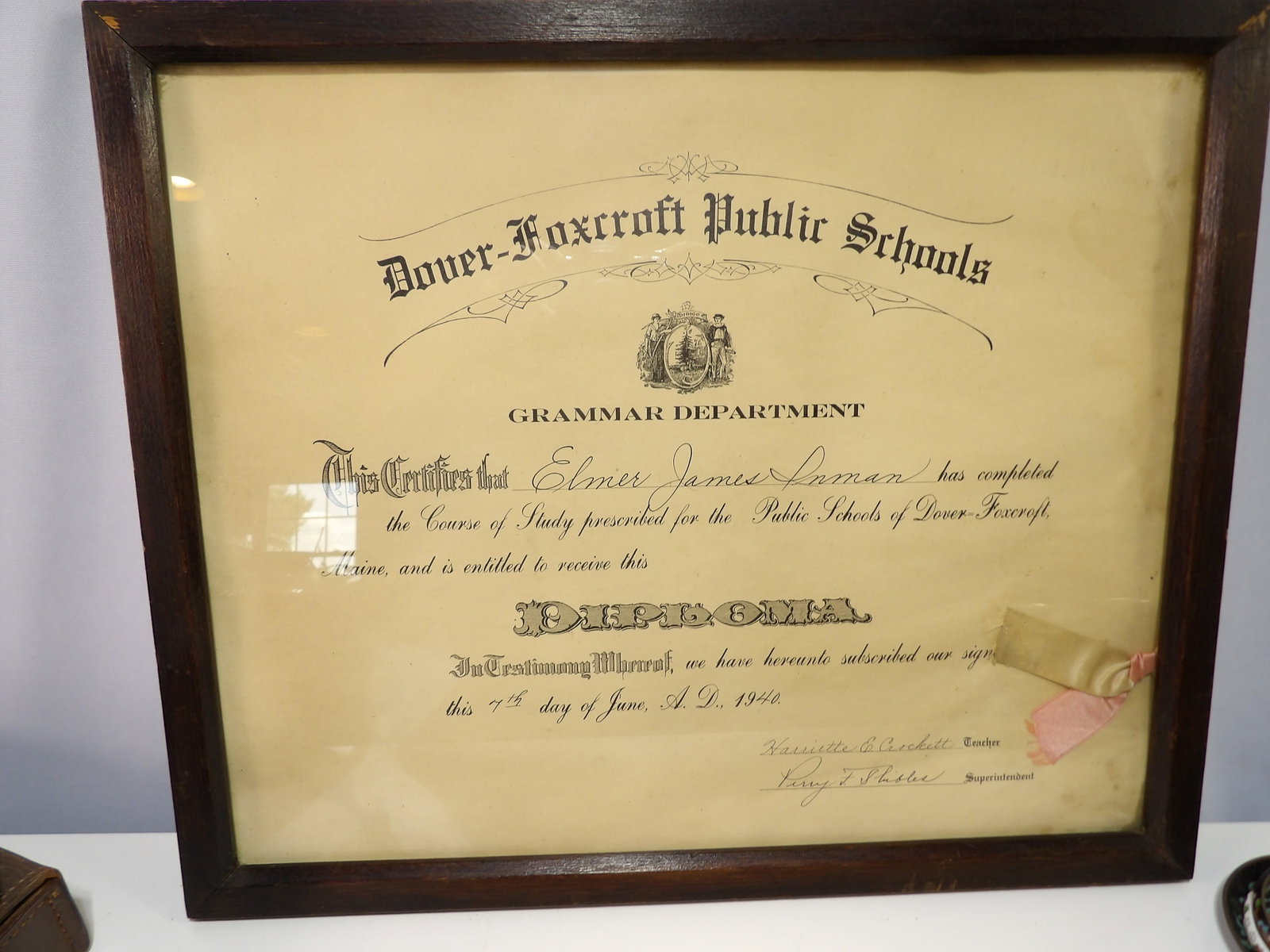 Framed 1940 Dover-Foxcroft School Diploma: Framed 1940 Dover-Foxcroft Public Schools Grammar Dept. Diploma. All measurements approximate. Please see photos for condition and details. Selling as is from 04281.
