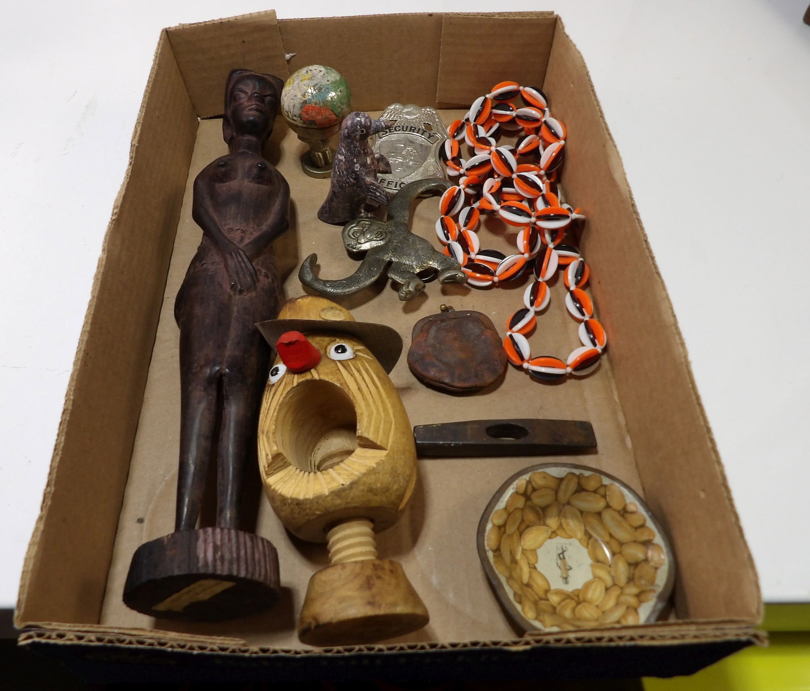 Knick Knack Lot including folk art, nutcracker and badge: Vintage Knick Knack Lot, including Folk art, Nutcracker and Badge, etc. All measurements approximate. Please see photos for condition and details. Selling as is from 04281.