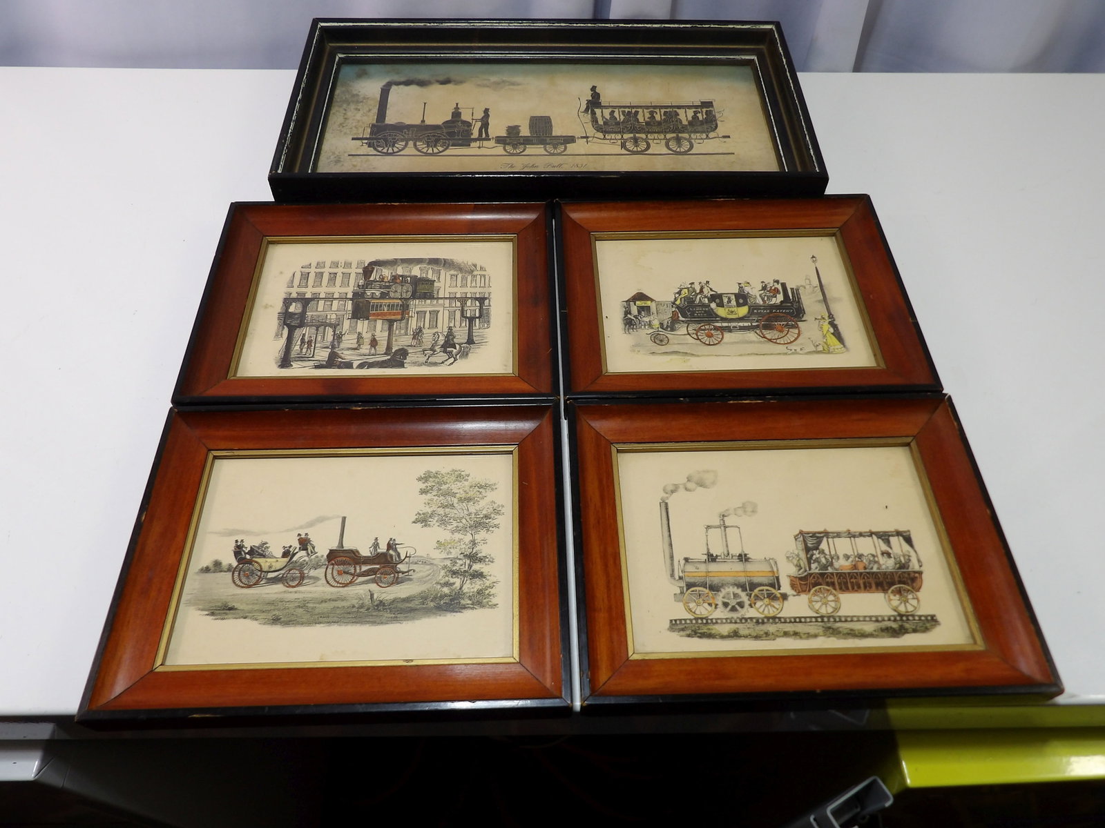 Collection of 5 Framed Prints of Carriages and Steam Trains: Collection of 5 Framed Prints featuring Vintage Carriages and Steam Trains. All measurements approximate. Please see photos for condition and details. Selling as is from 04281.