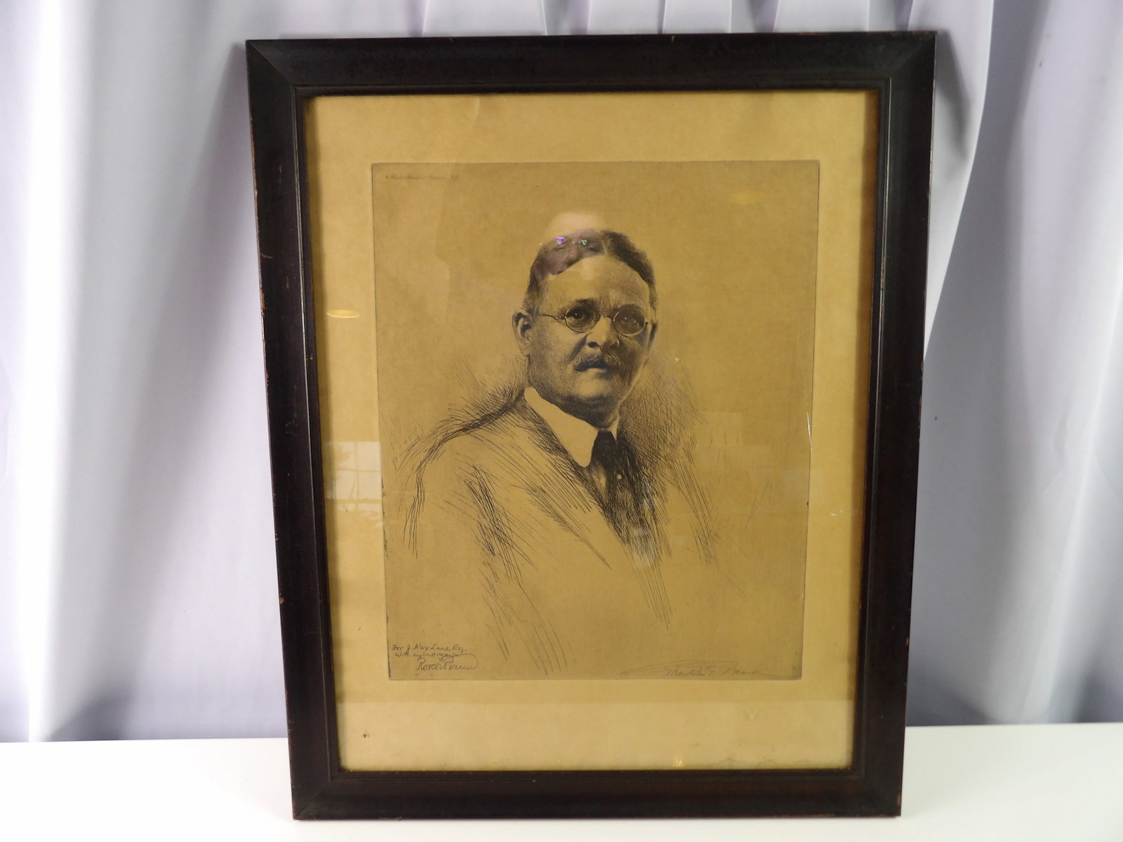 Signed and Framed Etching of Roscoe Pound: Framed Etching of Roscoe Pound, signed by Artist, 19" X 24". All measurements approximate. Please see photos for condition and details. Selling as is from 04281.