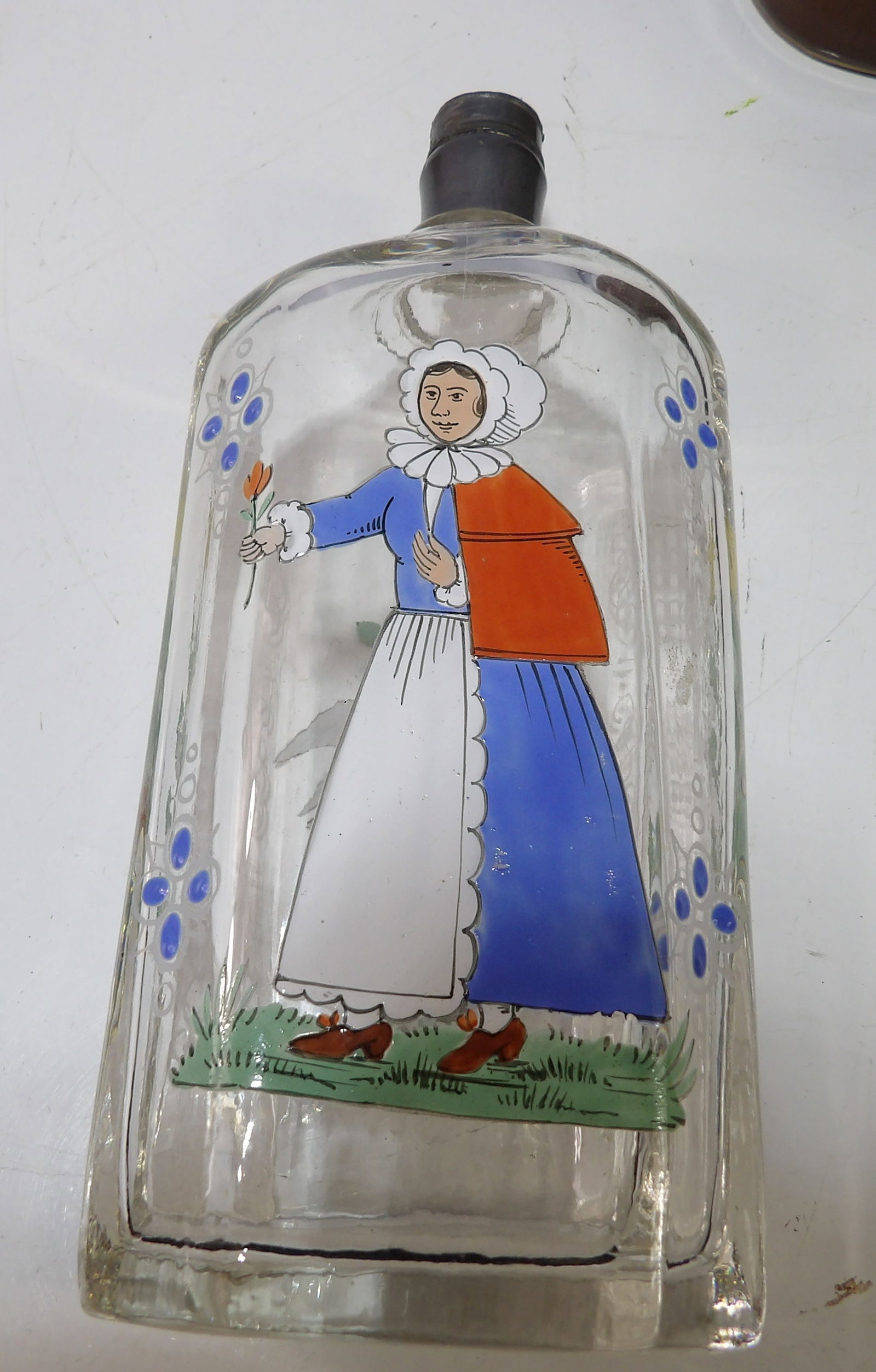 Enameled Hand Painted Clear Glass Bottle with Pewter Top: Antique Bohemian/German Enamel Hand Painted Clear Glass Bottle with Pewter Top. Very Rare Piece. All measurements approximate. Please see photos for condition and details. Selling as is from 04281.