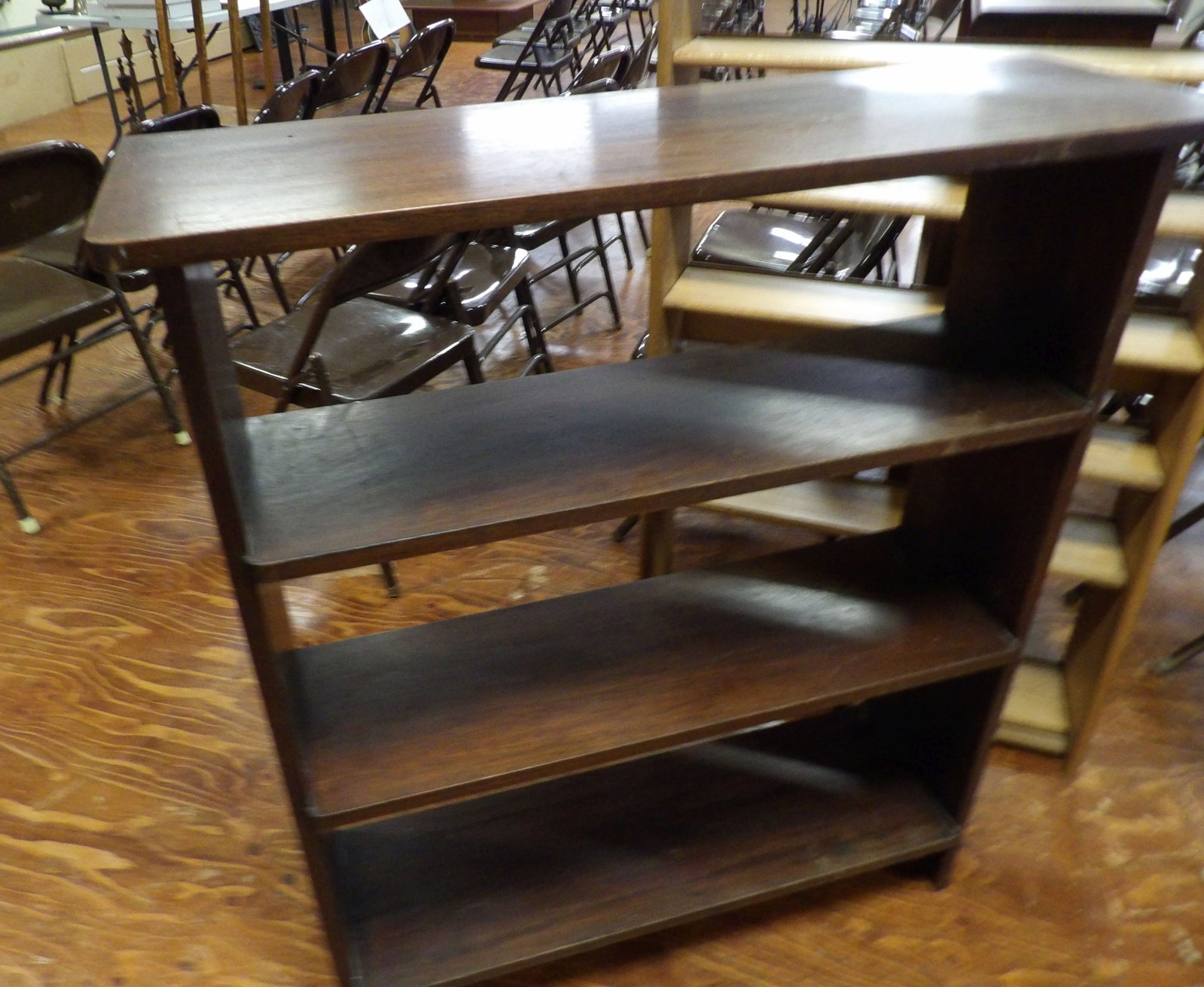 4 Tiered Wooden Bookshelf/Display Shelf: Vintage Wooden 4 Tiered Bookshelf or Display Shelf. 34" Wide X 41" Tall. All measurements approximate. Please see photos for condition and details. Selling as is from 04281.