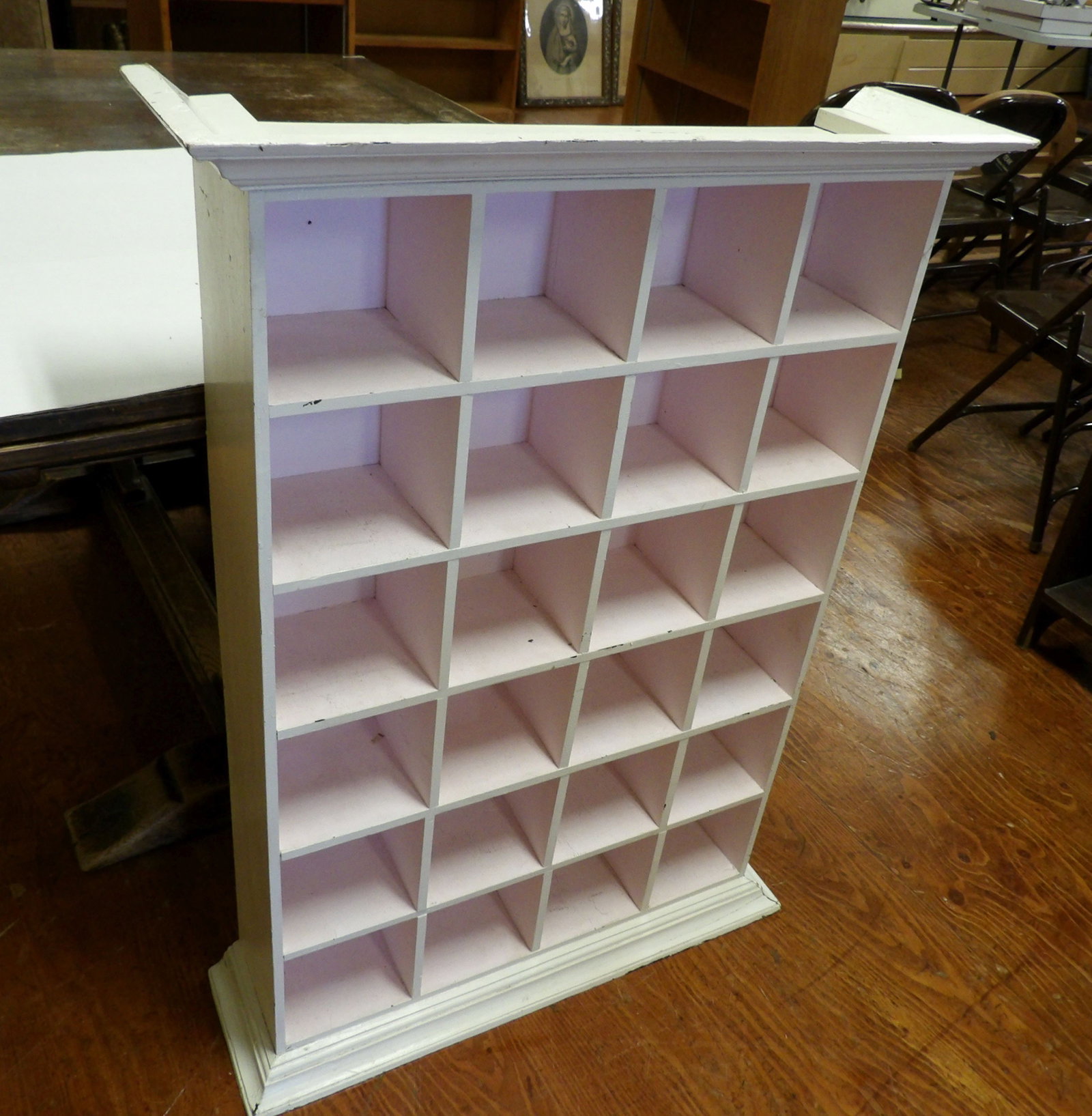 24 Compartment Wooden Cubby Shelf: Vintage White Wooden Cubby Shelf with 24 Compartments. 28" Wide X 39" Tall. All measurements approximate. Please see photos for condition and details. Selling as is from 04281.