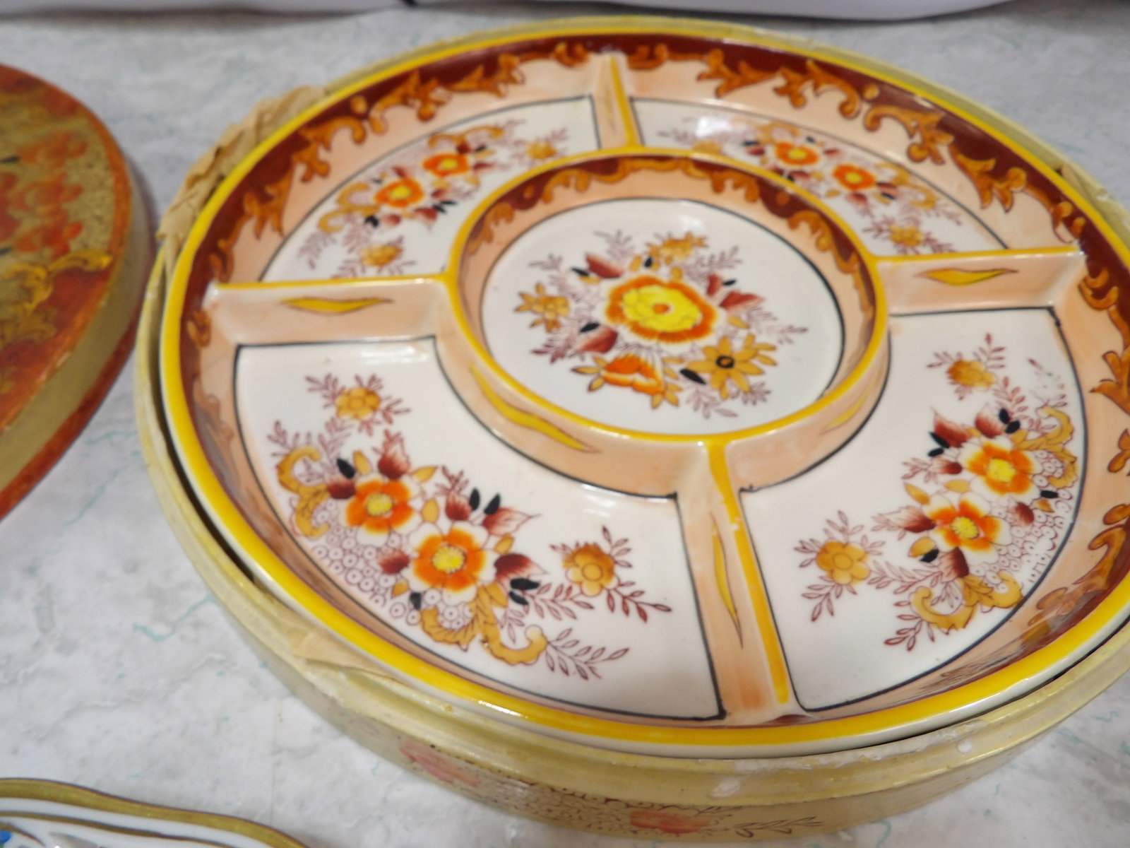 Japanese Porcelain Serving Dish and 1 Bavarian Dish: Vintage Japanese Porcelain Serving Dish with Painted Box and 1 Bavarian Forget Me Not Dish. All measurements approximate. Please see photos for condition and details. Selling as is from 04281.