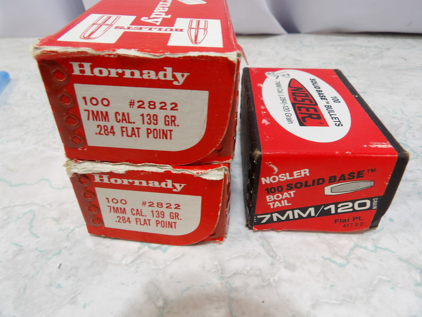 2 Boxes of 100 7mm 139 Gr Bullets and 1 Box of 100 7mm 120 Gr Bullets: 2 Boxes of 100 7 mm 139 Grain Bullets, and 1 Box of 100 7 mm 120 Grain Bullets. All measurements approximate. Please see photos for condition and details. Selling as is from 04281.