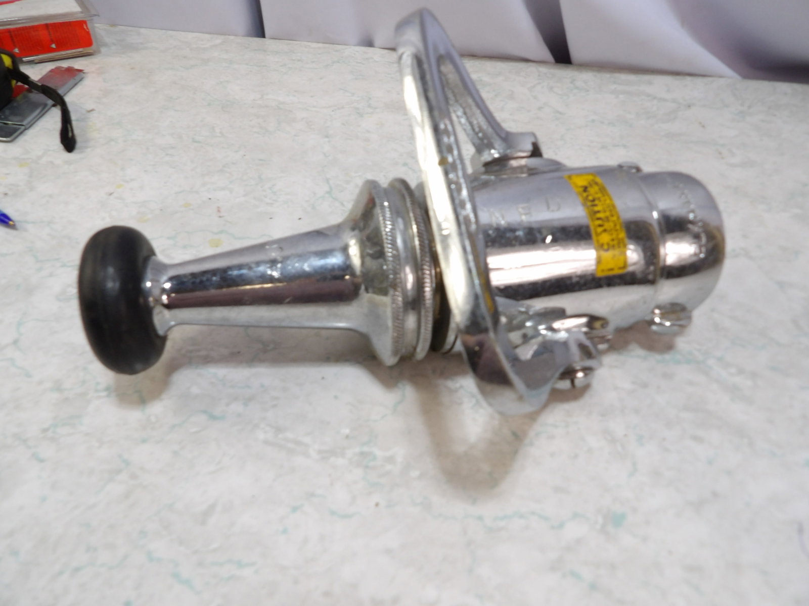 Elkhart Chrome Firehose Nozzle: Vintage Elkhart Chrome Firehose Nozzle. Firefighter Collectible. All measurements approximate. Please see photos for condition and details. Selling as is from 04281.