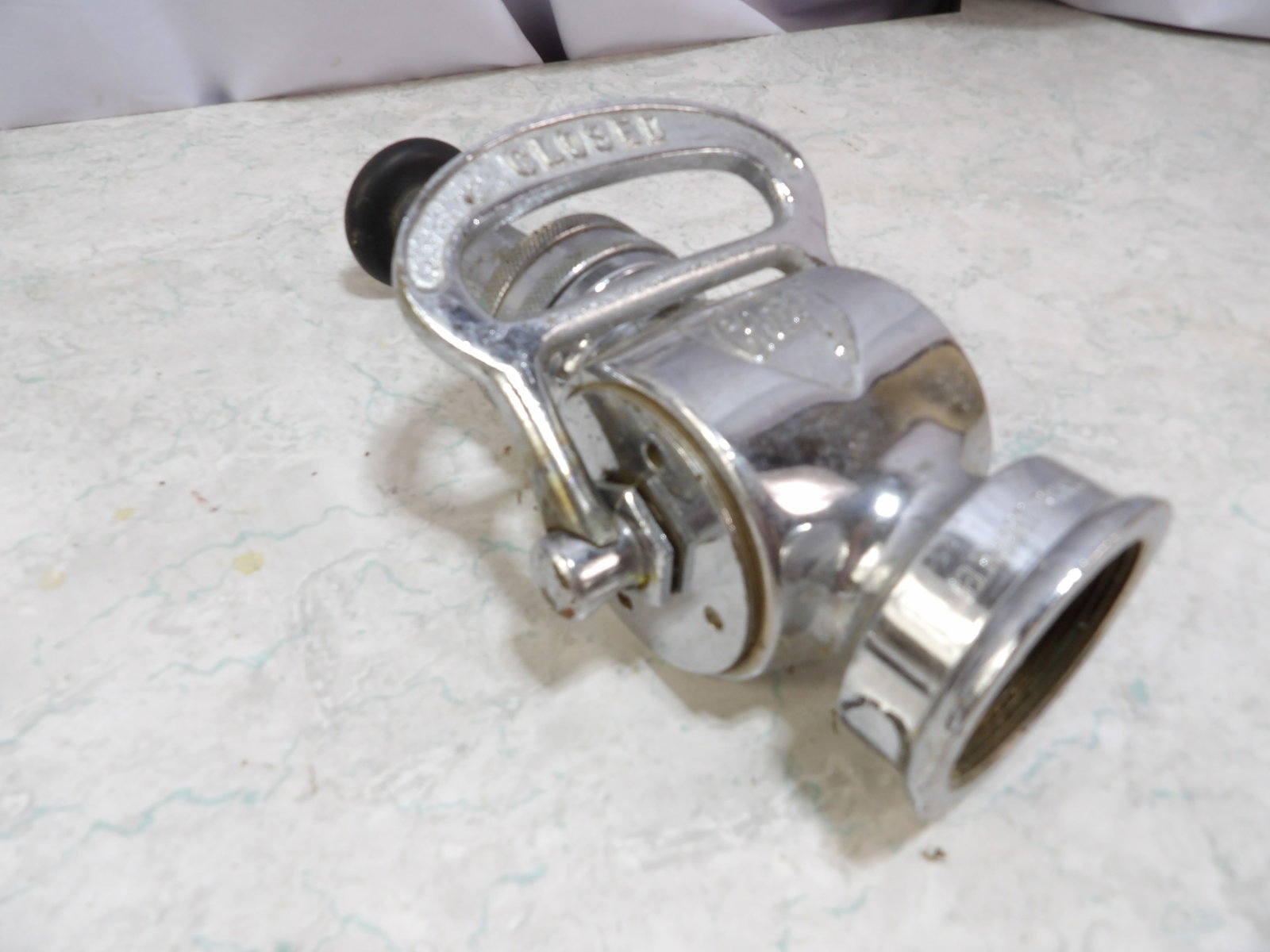 Elkhart "Chief" Firehose Nozzle: Vintage Elkhart "Chief" Firehose Nozzle. All measurements approximate. Please see photos for condition and details. Selling as is from 04281.