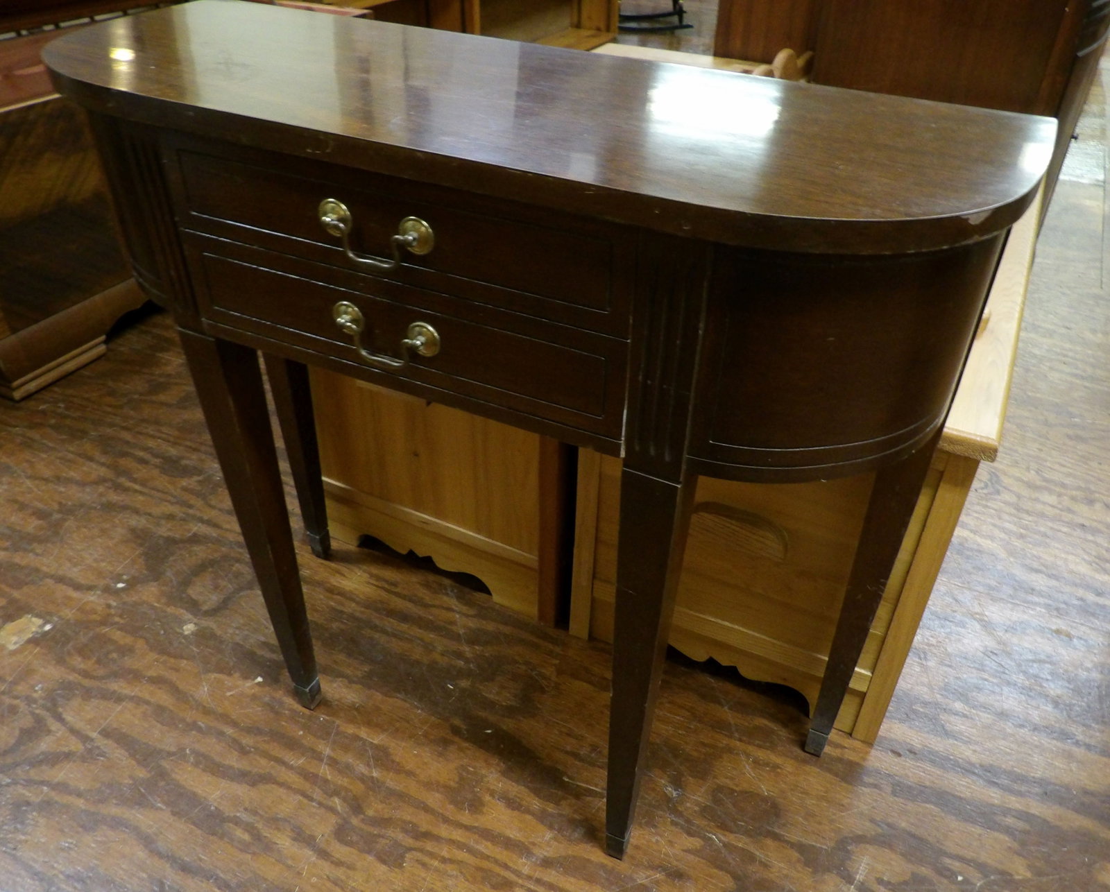 Demilune Console Table: Vintage Demilune Console Table with Drawers and Fluted Legs. All measurements approximate. Please see photos for condition and details. Selling as is from 04281.