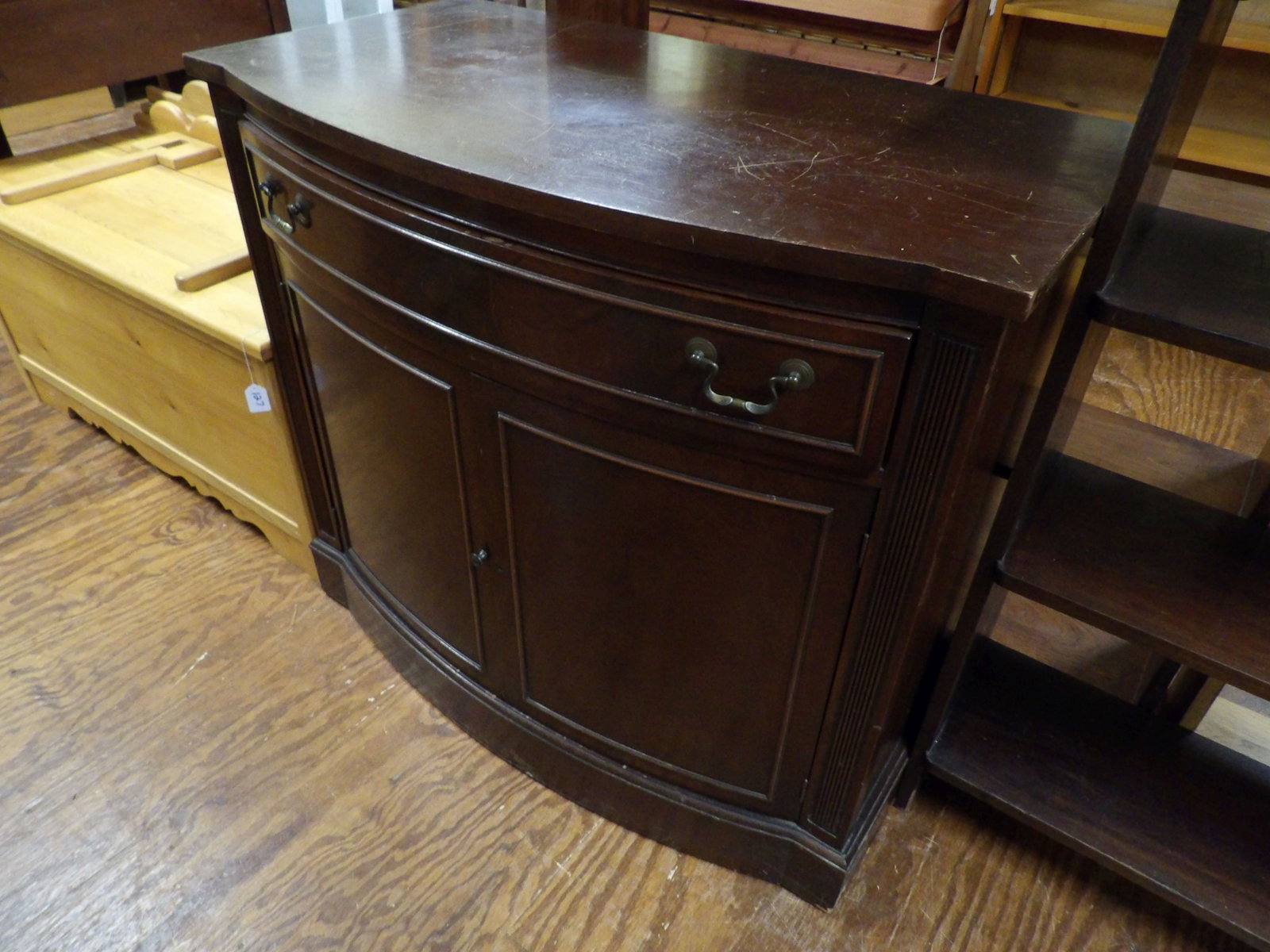 Bow Front Sideboard Buffet: Vintage Bow Front Sideboard Buffet with Drawers and Fluted Legs. All measurements approximate. Please see photos for condition and details. Selling as is from 04281.