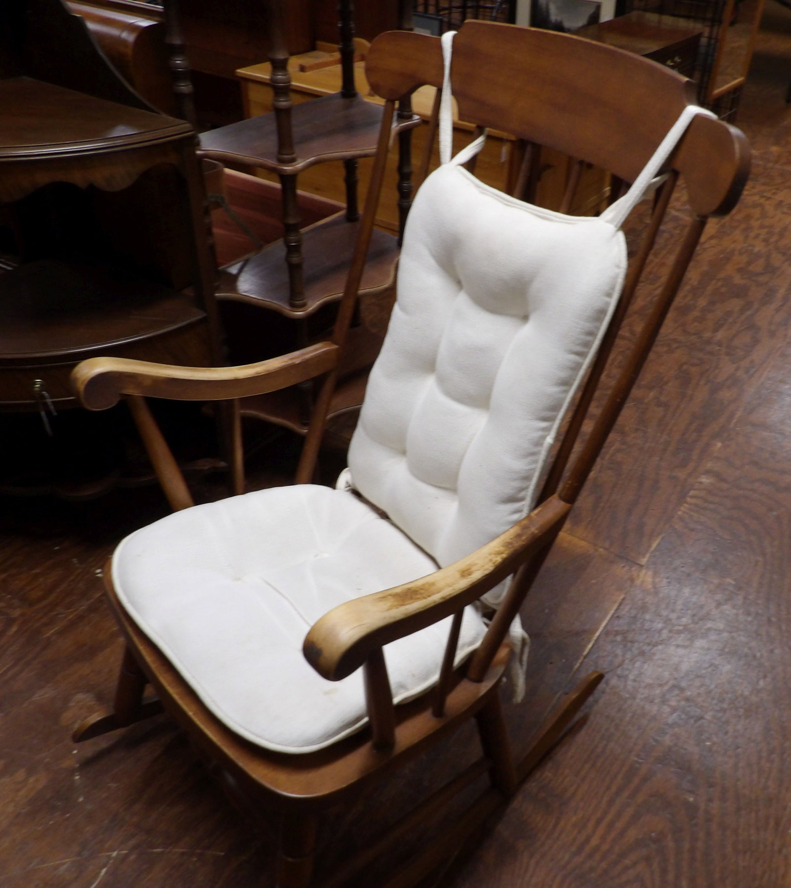 Solid Maple Rocking Chair: Vintage Solid Maple Rocking Chair with Curved Back and Cushions. All measurements approximate. Please see photos for condition and details. Selling as is from 04281.