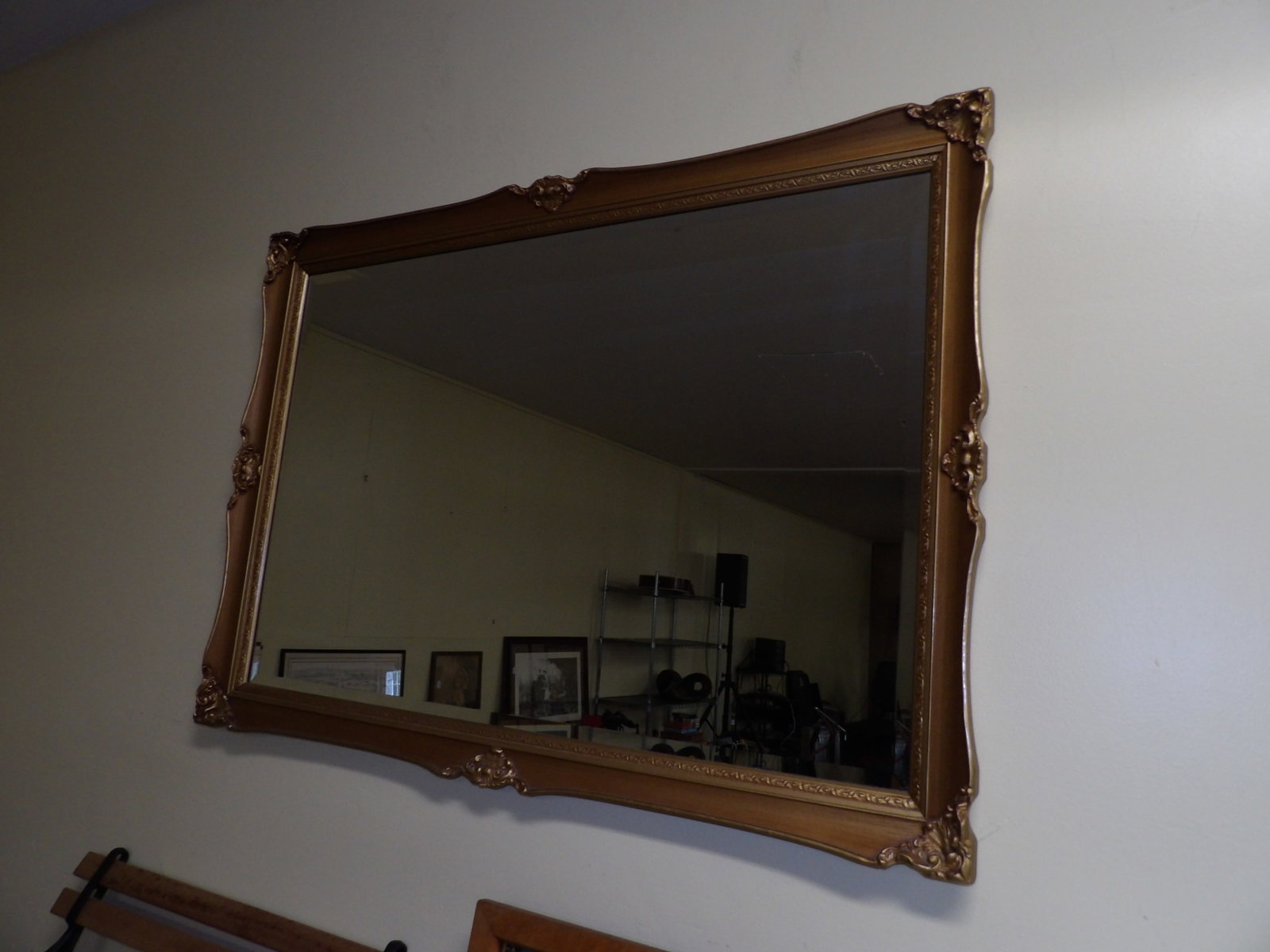 Gold Gilt Rectangular Wall Mirror: Fantastic Gold Gilt Rectangular Wall Mirror with Floral Carved Detail. 32x47 perfect condition All measurements approximate. Please see photos for condition and details. Selling as is from 04281.