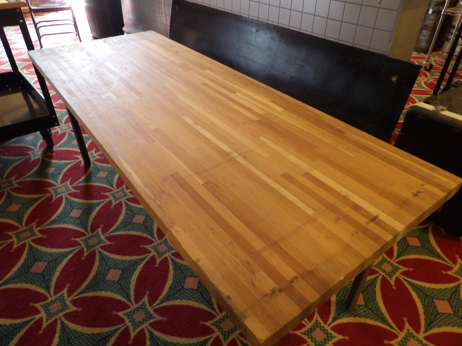 Williamsburg Butcher Block Table: Williamsburg Butcher Block Co. 26" X 67" X 1 1/2" Butcherblock Table with Solid Steel Legs. All measurements approximate. Please see photos for condition and details. Selling as is from 04281.