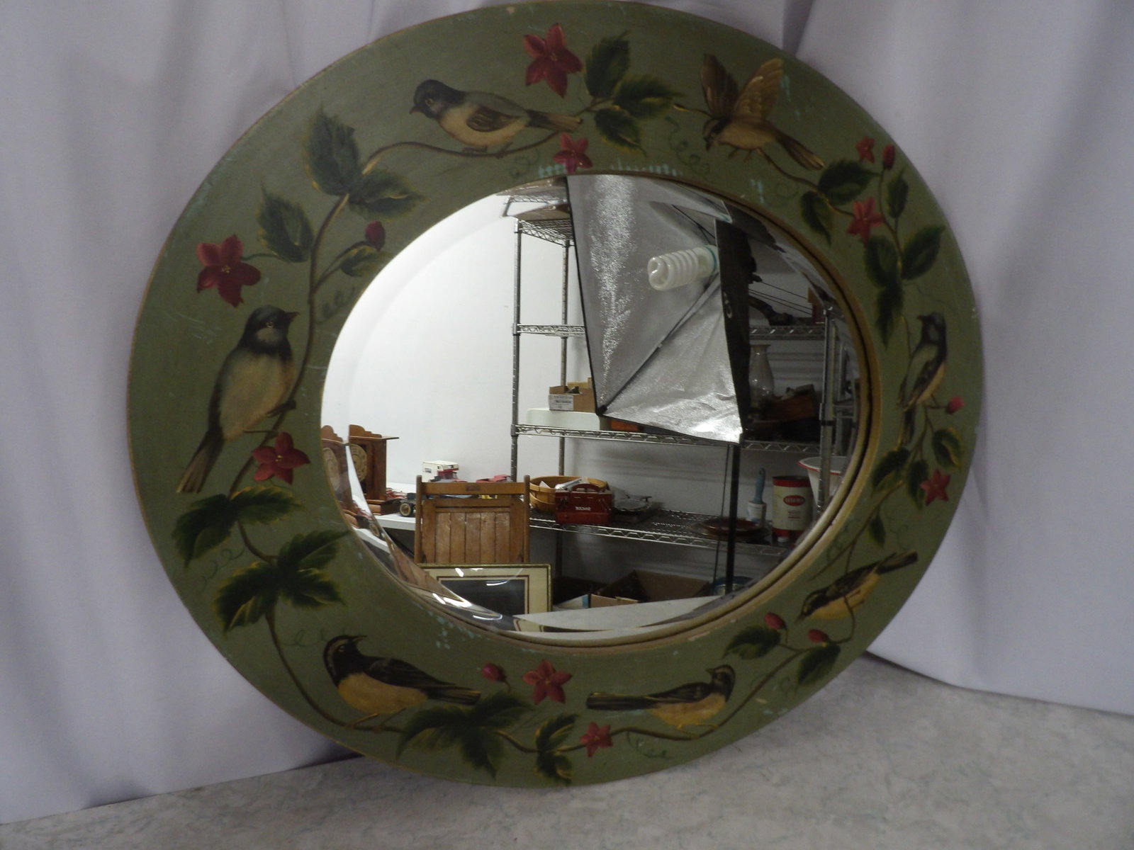Vintage Hand Painted Oval Mirror: Vintage Hand Painted Oval Mirror with Birds and Floral D?cor. 25" X 29". Along with LiveShip (handled by LiveAuctioneers), we also can have a local shipper package and ship your purchases. Just