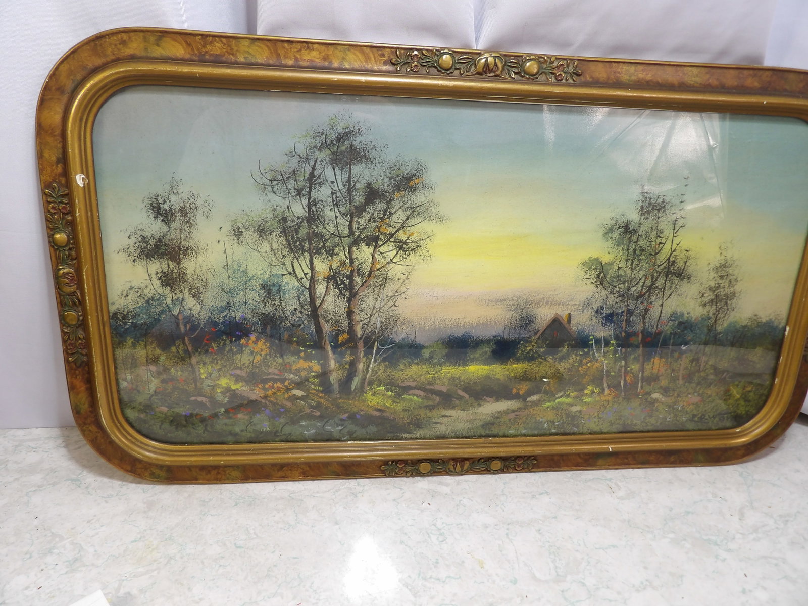 Framed Landscape with Cottage and Trees: Vintage Framed Landscape with Cottage and Trees, in Ornate Gold Frame, 15" X 27". Along with LiveShip (handled by LiveAuctioneers), we also can have a local shipper package and ship your purchases.