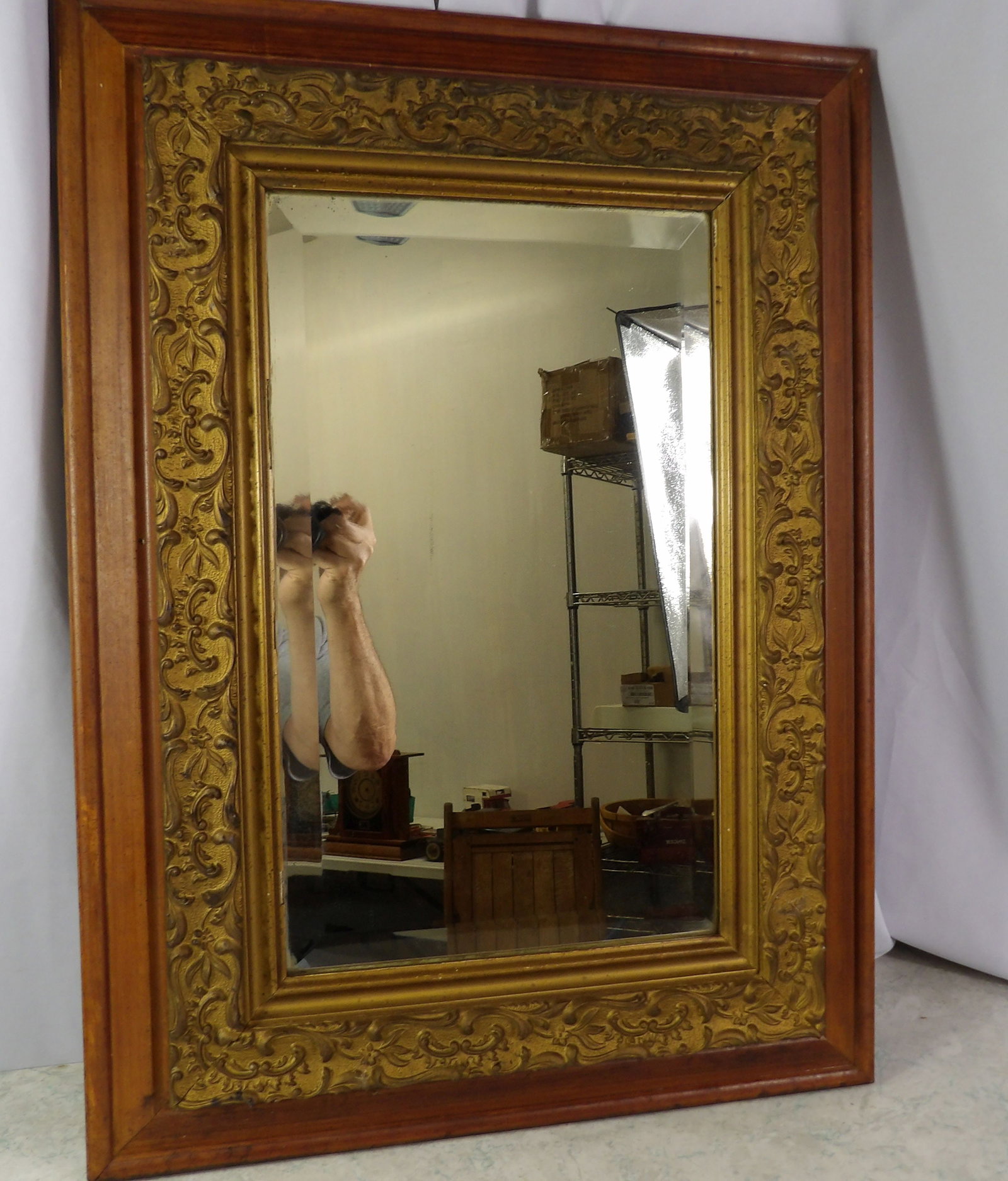 Antique Gilt and Oak Wood Rectangular Wall Mirror: Antique Gilt and Oak Wood Rectangular Wall Mirror with Beveled Glass. Along with LiveShip (handled by LiveAuctioneers), we also can have a local shipper package and ship your purchases. Just choose bu