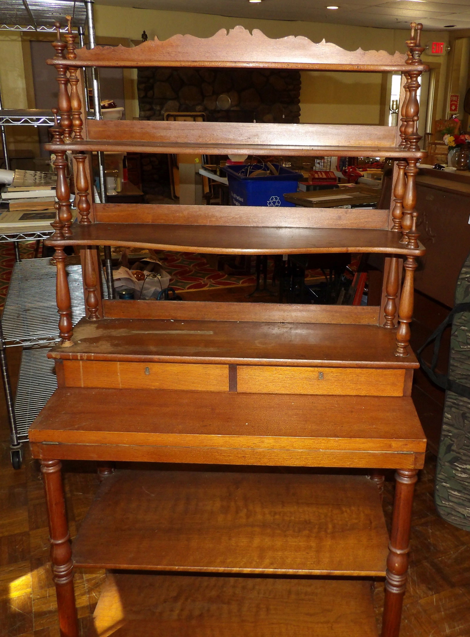 Victorian Walnut Etagere Desk with Drawers: 19th Century Victorian Walnut Etagere Desk with Drawers. 33" X 63" Tall. Along with LiveShip (handled by LiveAuctioneers), we also can have a local shipper package and ship your purchases. Just
