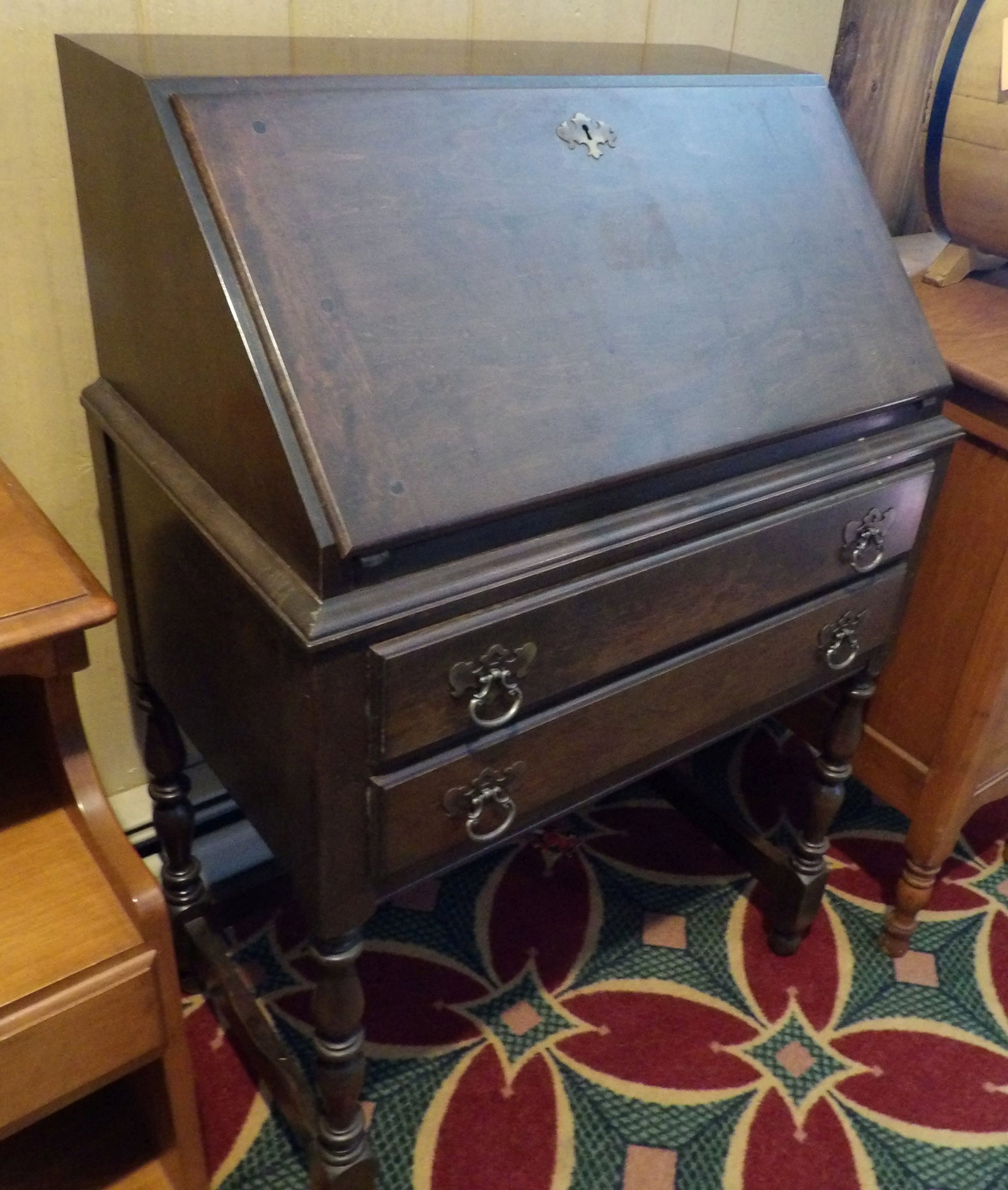 Early Mahogany Jacobean Revival Slant Front Desk: Early Mahogany Jacobean Revival Slant Front Desk. Very Nice Condition and Very Heavy. Along with LiveShip (handled by LiveAuctioneers), we also can have a local shipper package and ship your